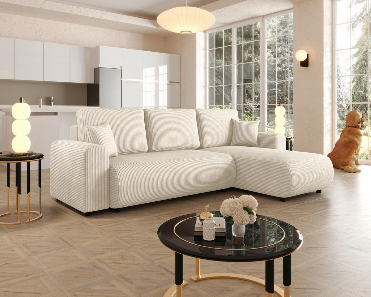 ECKSOFA Creme Cord Zierkissen, Rückenkissen, Schlaffunktion, Rücken echt, Stauraum, Liegefläche im Originalstoff  - Creme/Schwarz, KONVENTIONELL, Kunststoff/Textil (246/152cm) - Xora