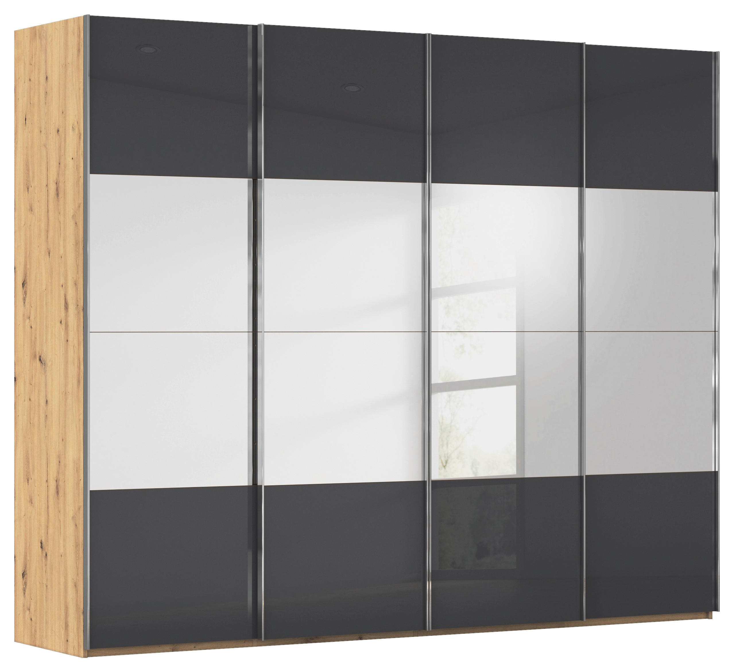 SCHWEBETÜRENSCHRANK 271/223/68 cm 4-türig Schwarz, Eiche Artisan  - Chromfarben/Schwarz, Design, Glas/Holzwerkstoff (271/223/68cm) - Novel