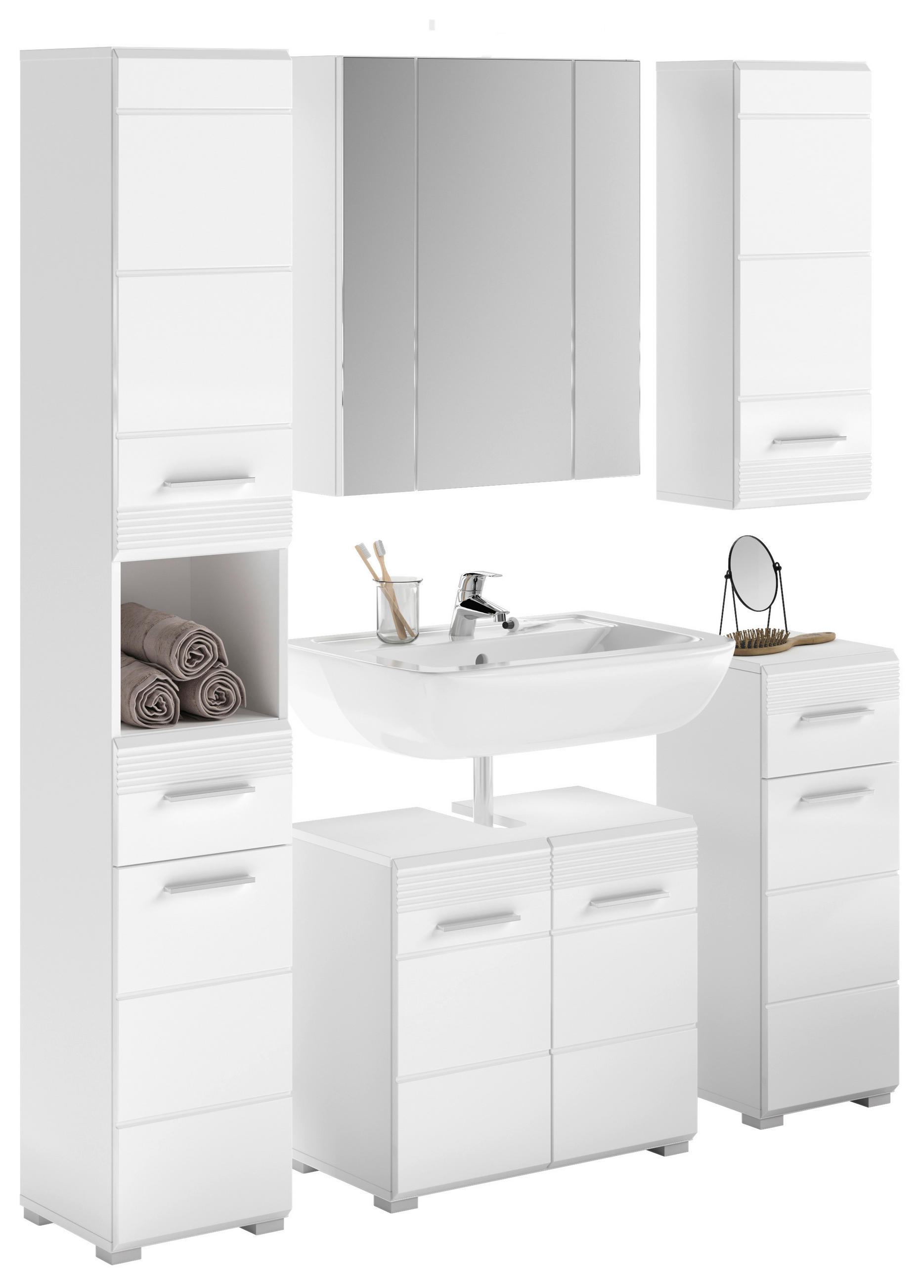 BADEZIMMER 5-teilig  in 120 cm  - Weiß Hochglanz/Silberfarben, MODERN, Glas/Holzwerkstoff (120cm) - MID.YOU