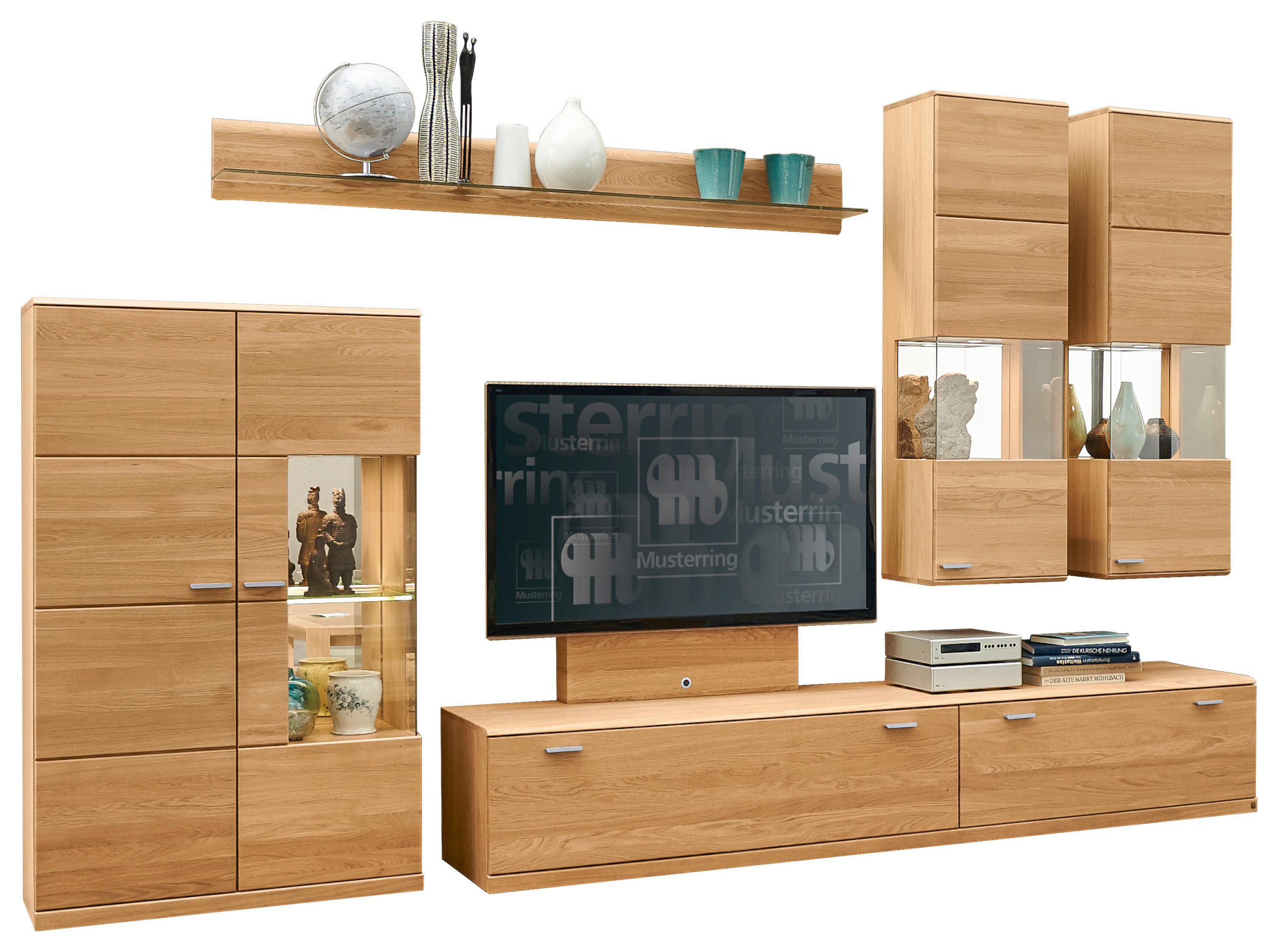 WOHNWAND Kanto  in Eichefarben  345/216/49 cm  - Edelstahlfarben/Eichefarben, KONVENTIONELL, Glas/Holz (345/216/49cm) - Musterring