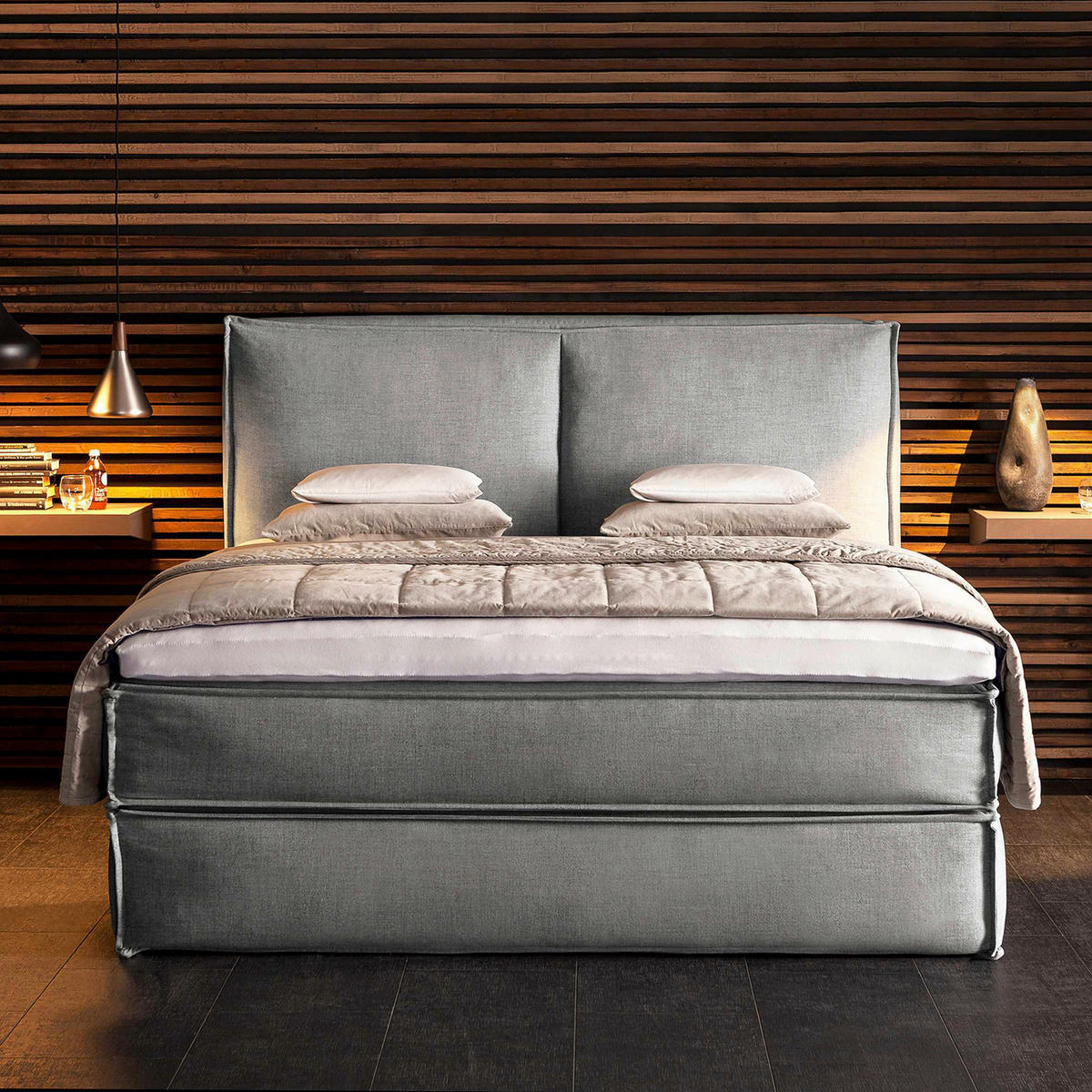 BOXSPRINGBETT 200/220 cm  in Hellgrau  - Hellgrau/Schwarz, Design, Kunststoff/Textil (200/220cm) - home24