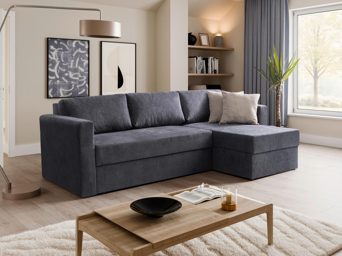 ECKSCHLAFSOFA Flachgewebe Anthrazit  inkl. Rückenkissen, Bettkasten, Schlaffunktion, Rücken echt, Liegefläche im Originalstoff  - Anthrazit/Schwarz, MODERN, Kunststoff/Textil (231/148cm) - Carryhome