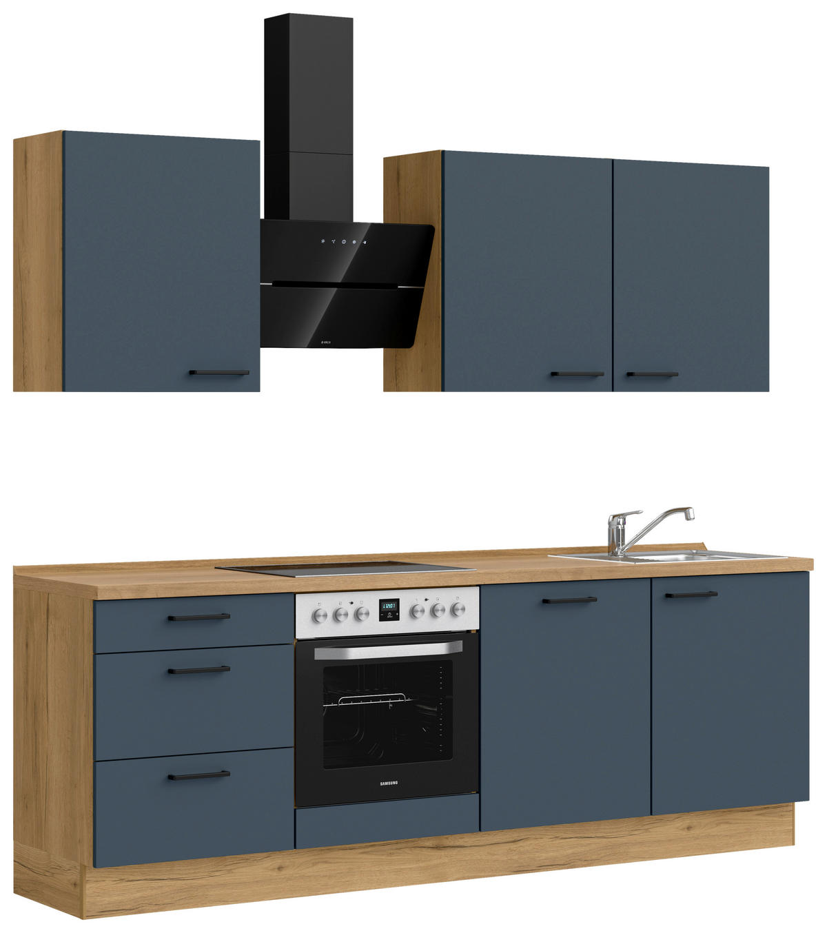 KÜCHENBLOCK 240 cm   in Eichefarben, Dunkelblau  - Eichefarben/Schwarz, MODERN, Holzwerkstoff/Metall (240cm) - Nobilia