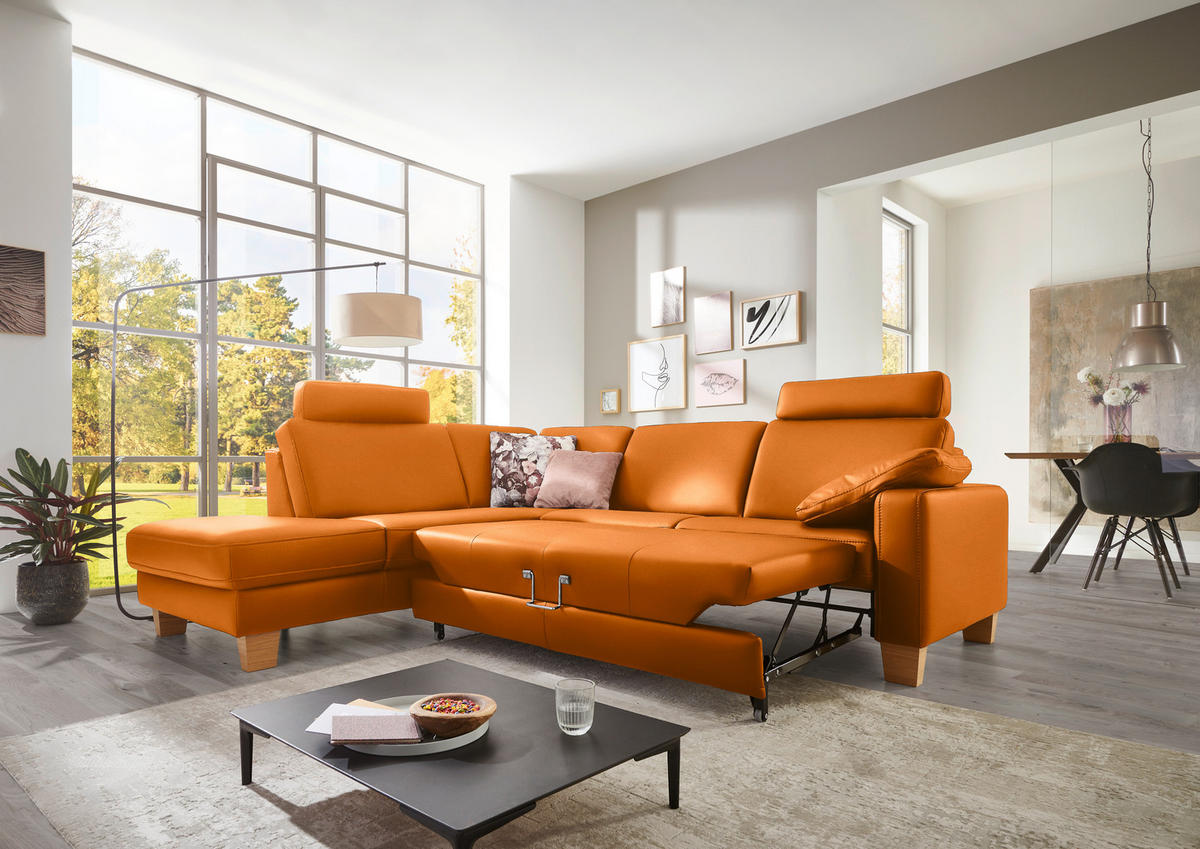 ECKSOFA in Echtleder Orange  235/257 cm  - Eiche Bianco/Orange, KONVENTIONELL, Leder/Holz (235/257cm) - Valdera