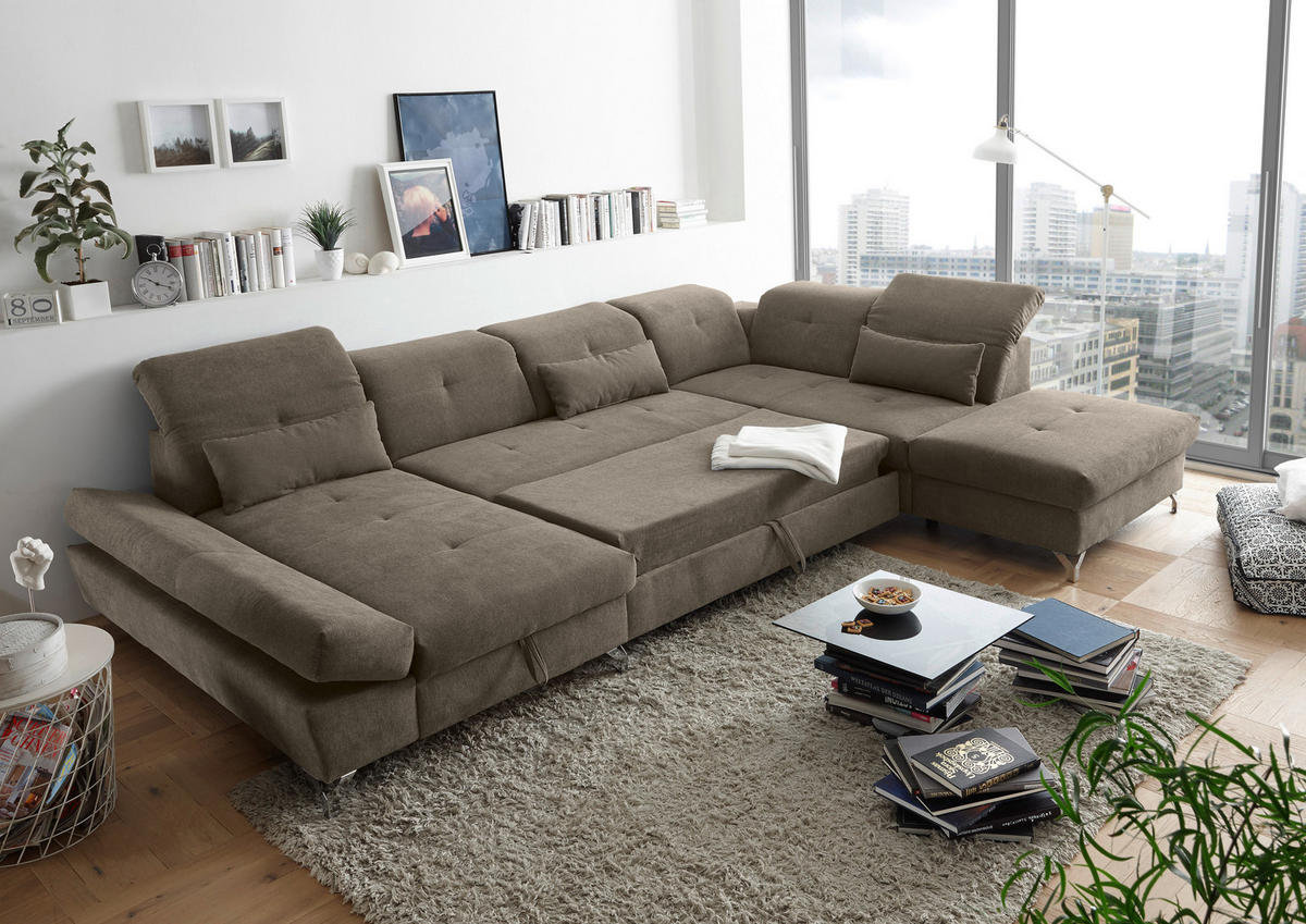 WOHNLANDSCHAFT in Mikrovelours Graubraun  - Graubraun/Silberfarben, Modern, Textil/Metall (168/350/245cm) - MID.YOU