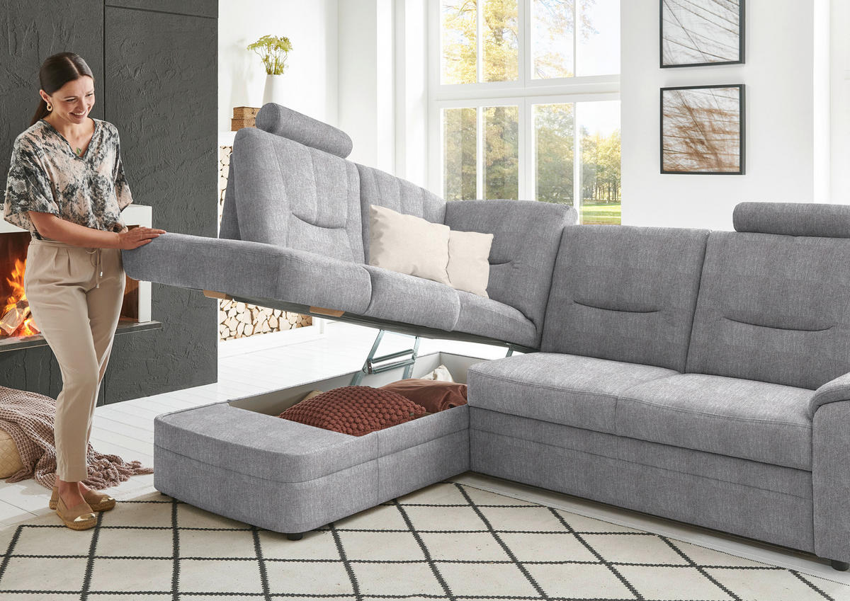 ECKSOFA Chenille Hellgrau  - Hellgrau/Schwarz, Konventionell, Kunststoff/Textil (185/235cm) - Beldomo Comfort