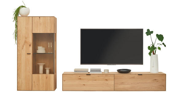 WOHNWAND in Wildeiche 303,8/184,6/37,1 cm - Wildeiche/Schwarz, Natur, Glas/Holz (303,8/184,6/37,1cm) - Valnatura