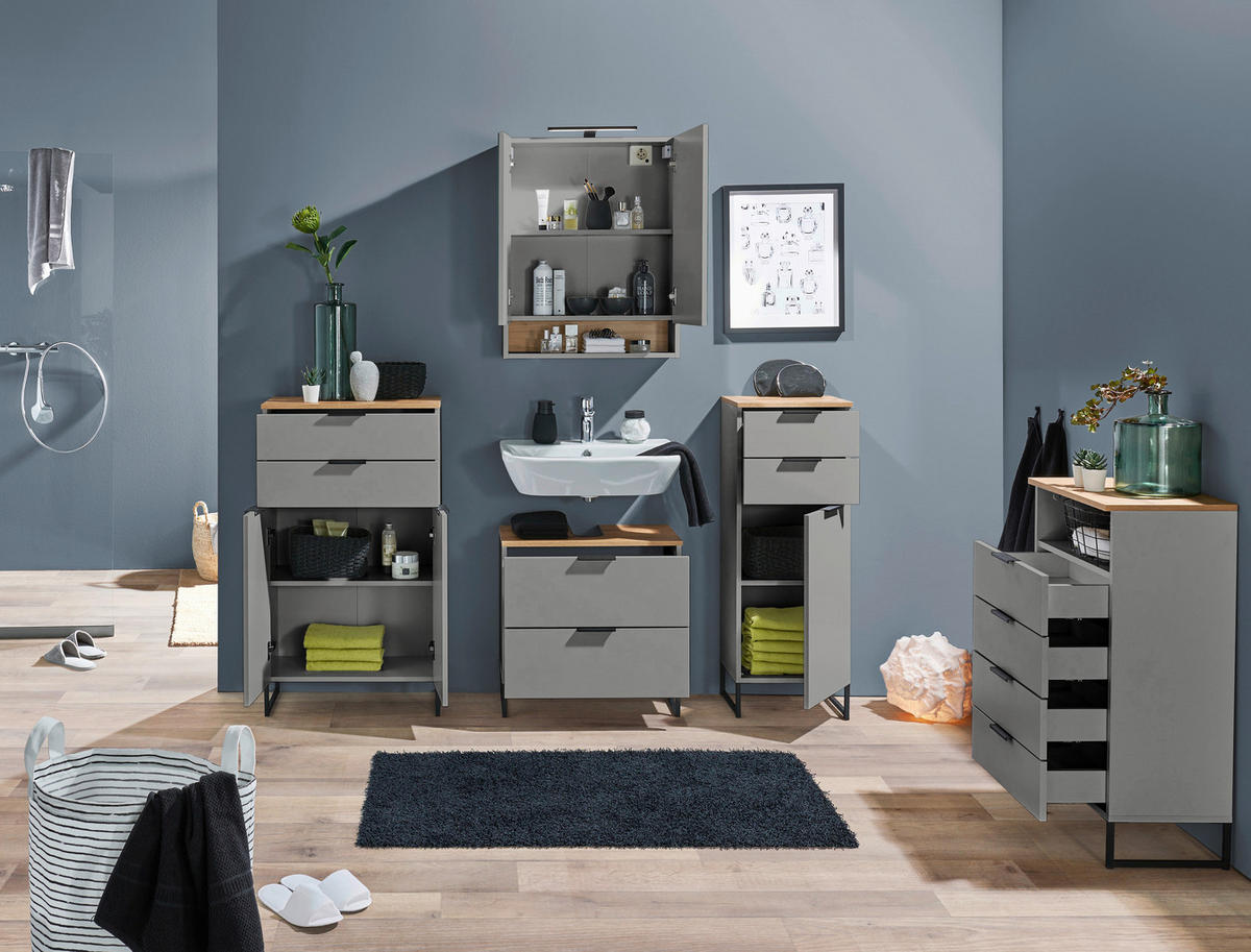 MIDISCHRANK 38/106/32 cm  - Eichefarben/Schwarz, KONVENTIONELL, Holzwerkstoff/Metall (38/106/32cm) - home24