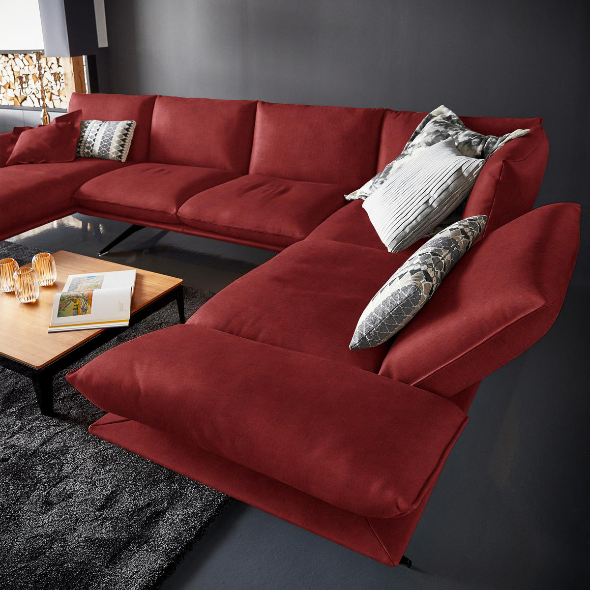 WOHNLANDSCHAFT in Echtleder Rot  - Rot/Schwarz, Natur, Leder/Metall (155/359/217cm) - Dieter Knoll