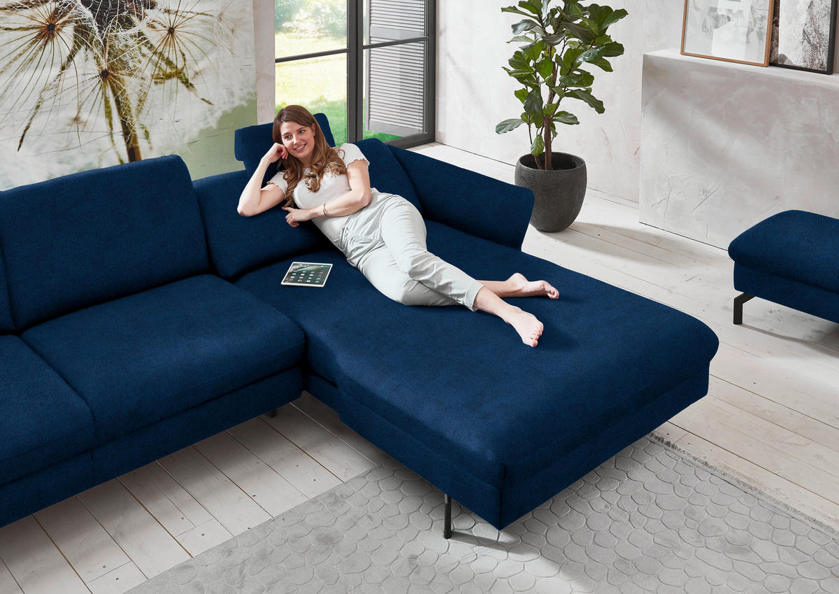 ECKSOFA in Velours Dunkelblau  - Schwarz/Dunkelblau, Design, Textil/Metall (306/179cm) - Beldomo System