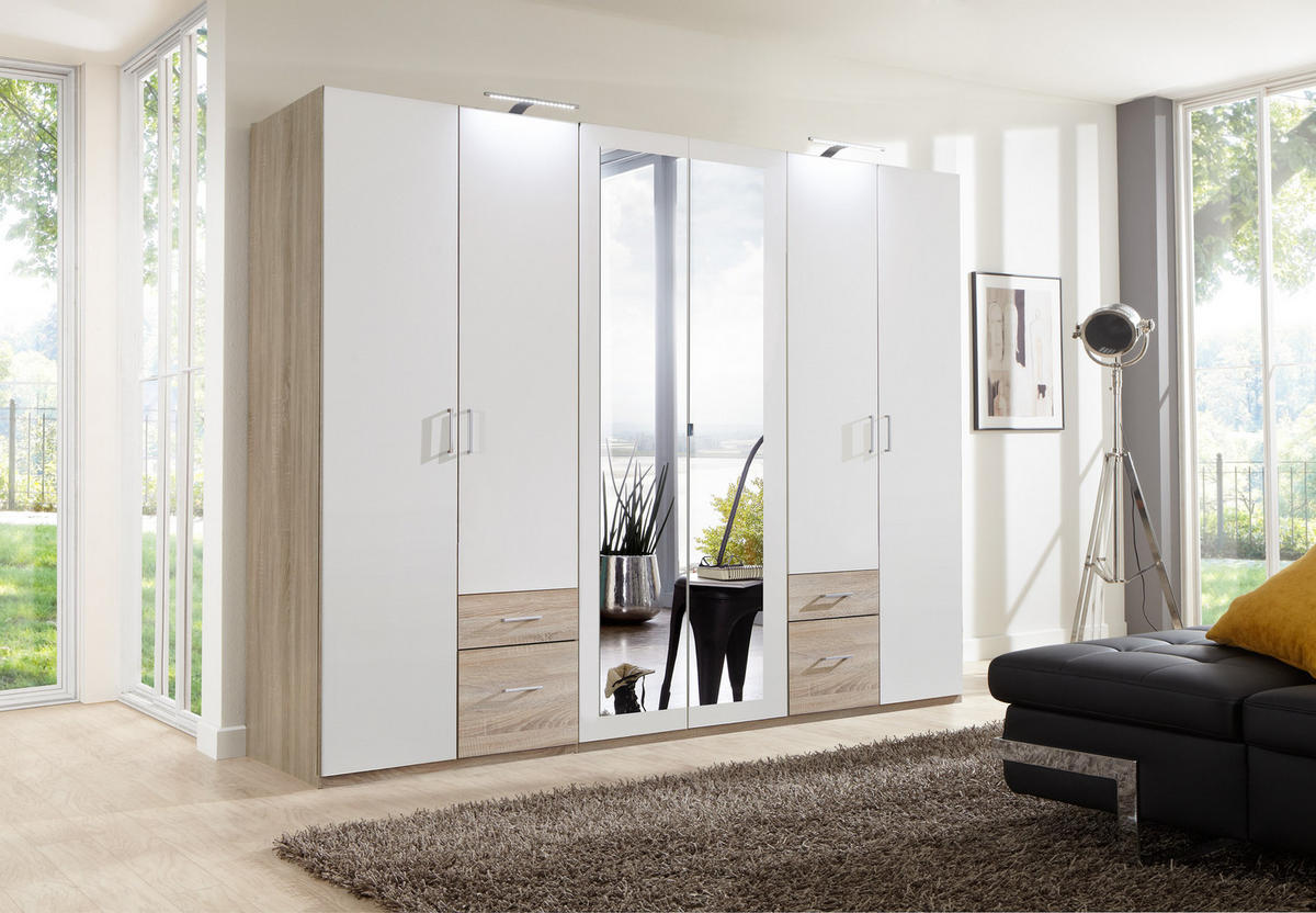DREHTÜRENSCHRANK 270/210/58 cm 6-türig Weiß, Eichefarben  - Eichefarben/Silberfarben, Design, Glas/Holzwerkstoff (270/210/58cm) - MID.YOU