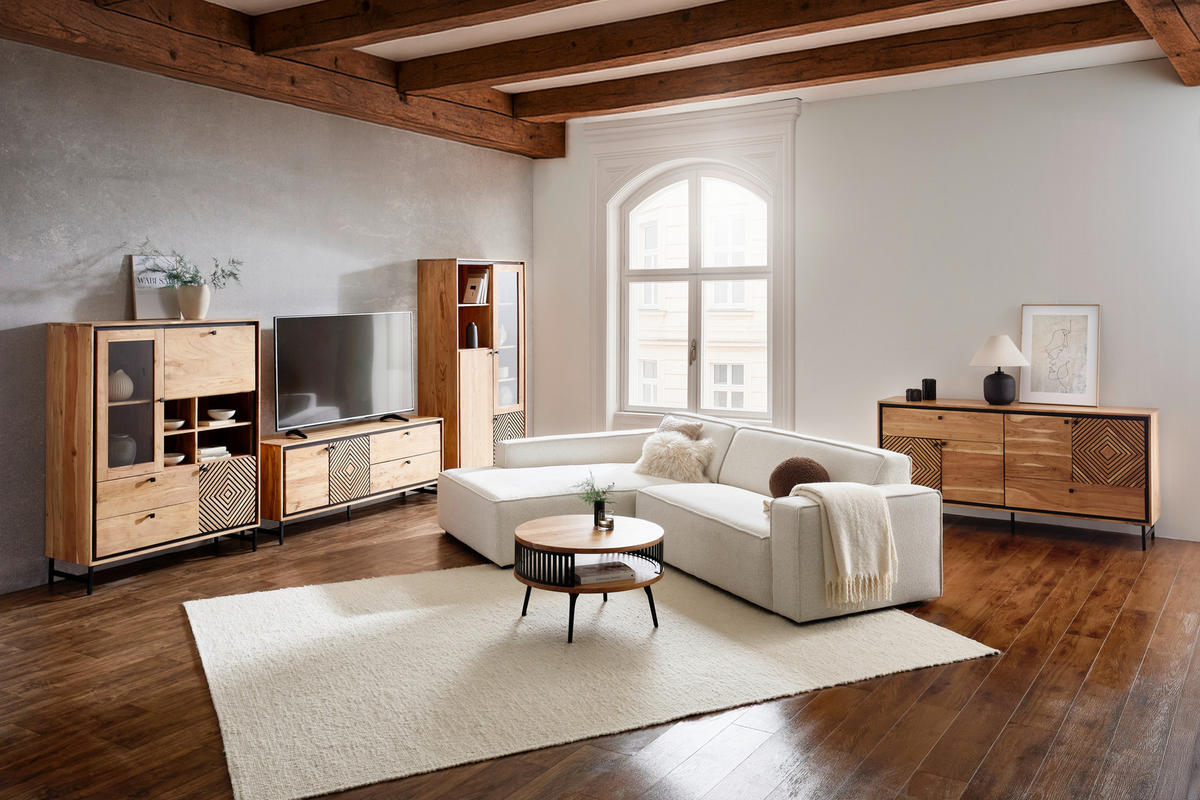 VITRINE Schwarz, Akaziefarben  90/190/42 cm  - Schwarz/Akaziefarben, Design, Glas/Holz (90/190/42cm) - Ambia Home