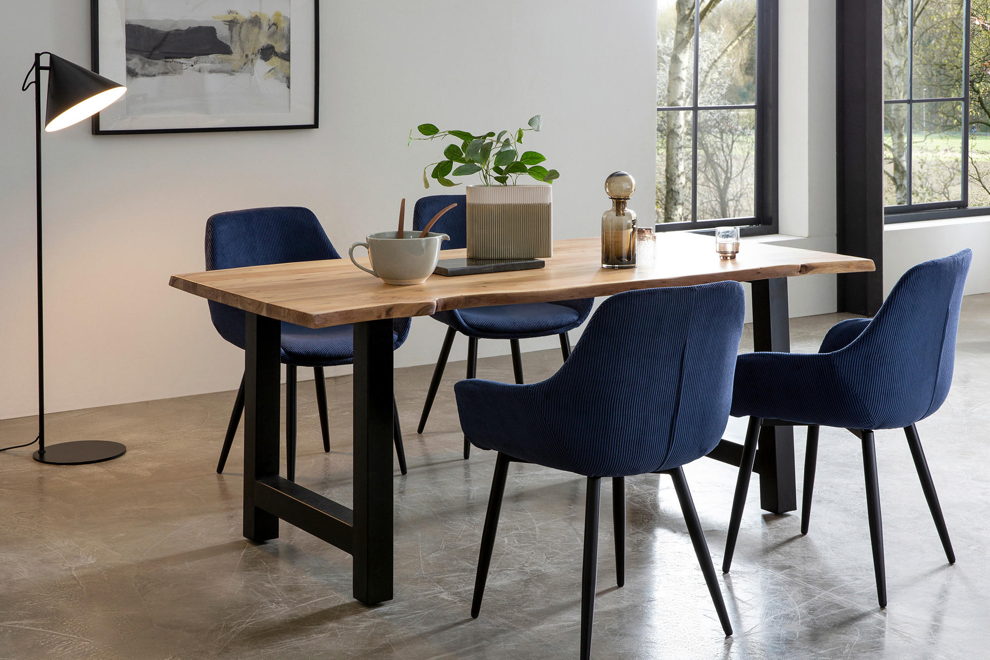 TISCHGRUPPE in Holz, Metall, Textil Naturfarben, Dunkelblau  - Dunkelblau/Naturfarben, MODERN, Holz/Textil (180/90/76,5cm) - Livetastic