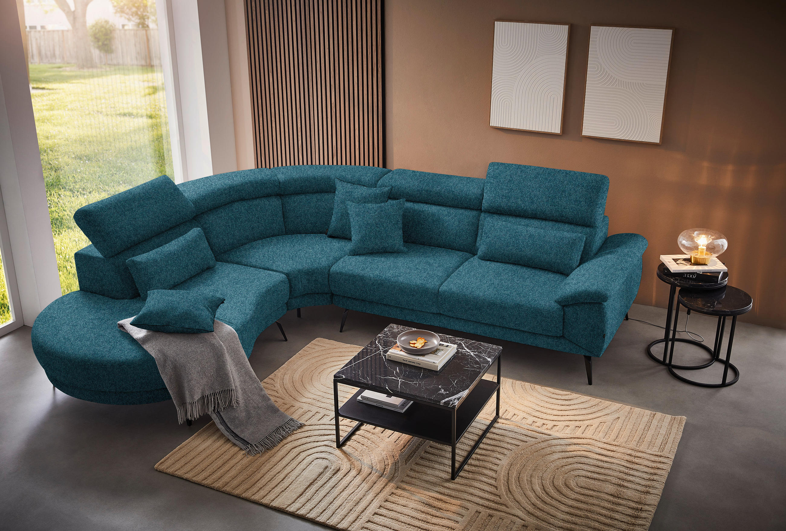 ECKSOFA in Velours Petrol  264/299 cm  - Petrol/Schwarz, Design, Textil/Metall (264/299cm) - Novel