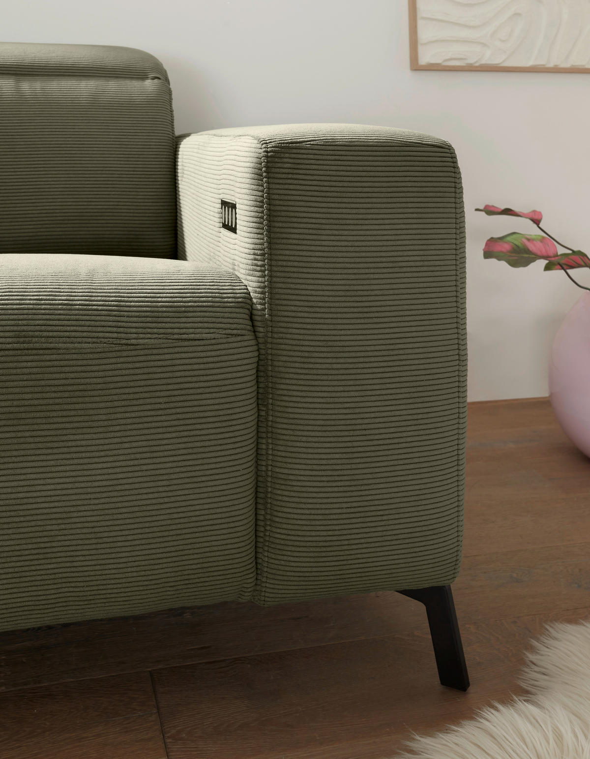 ECKSOFA in Feincord Olivgrün  - Schwarz/Olivgrün, Design, Textil/Metall (172-177/294cm) - Pure Home Lifestyle