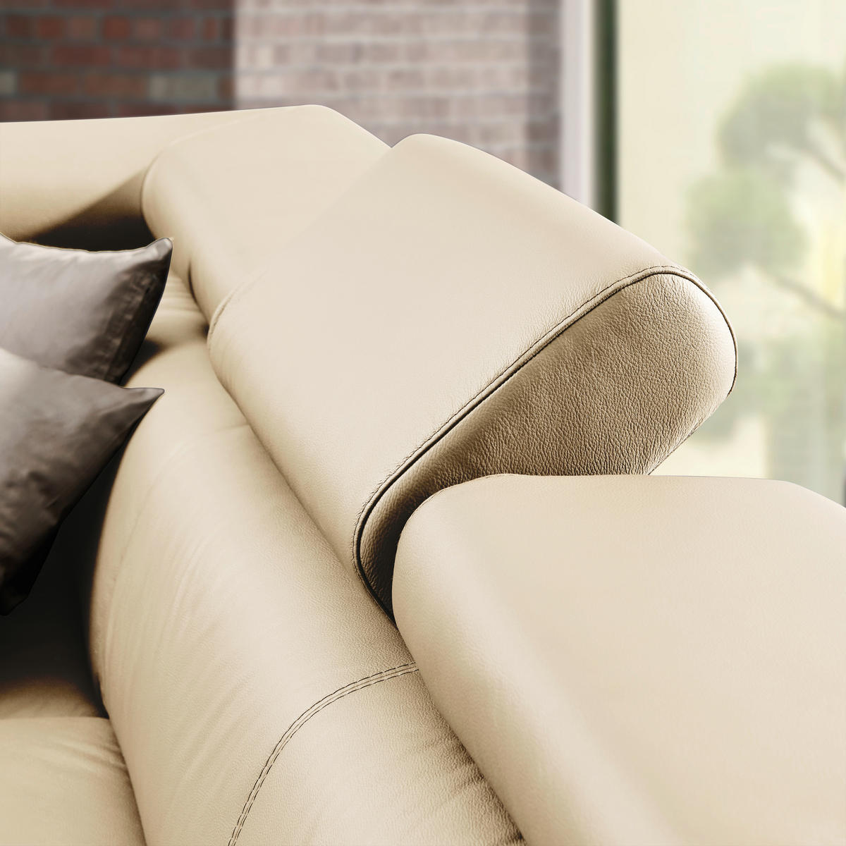 Ecksofa inkl. Funktion Ecru Kombination Echtleder/Lederlook Lederlook  - Chromfarben/Ecru, Design, Leder/Textil (256/212cm) - Stylife