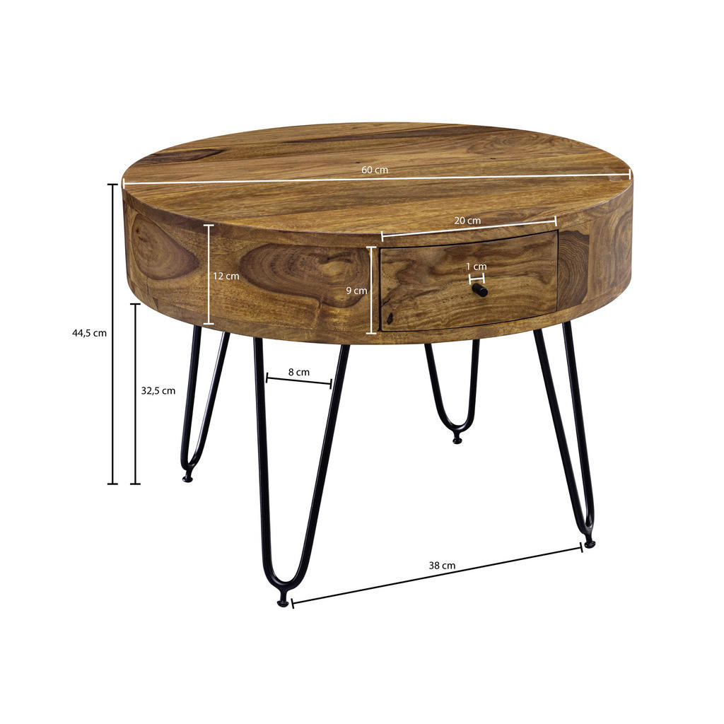 Thumbnail - Mid.you Couchtisch, Sheesham, Metall, Sheesham, massiv, 2 Schubladen, rund, U-Form, 60x44.5x60 cm, Wohnzimmer, Wohnzimme...