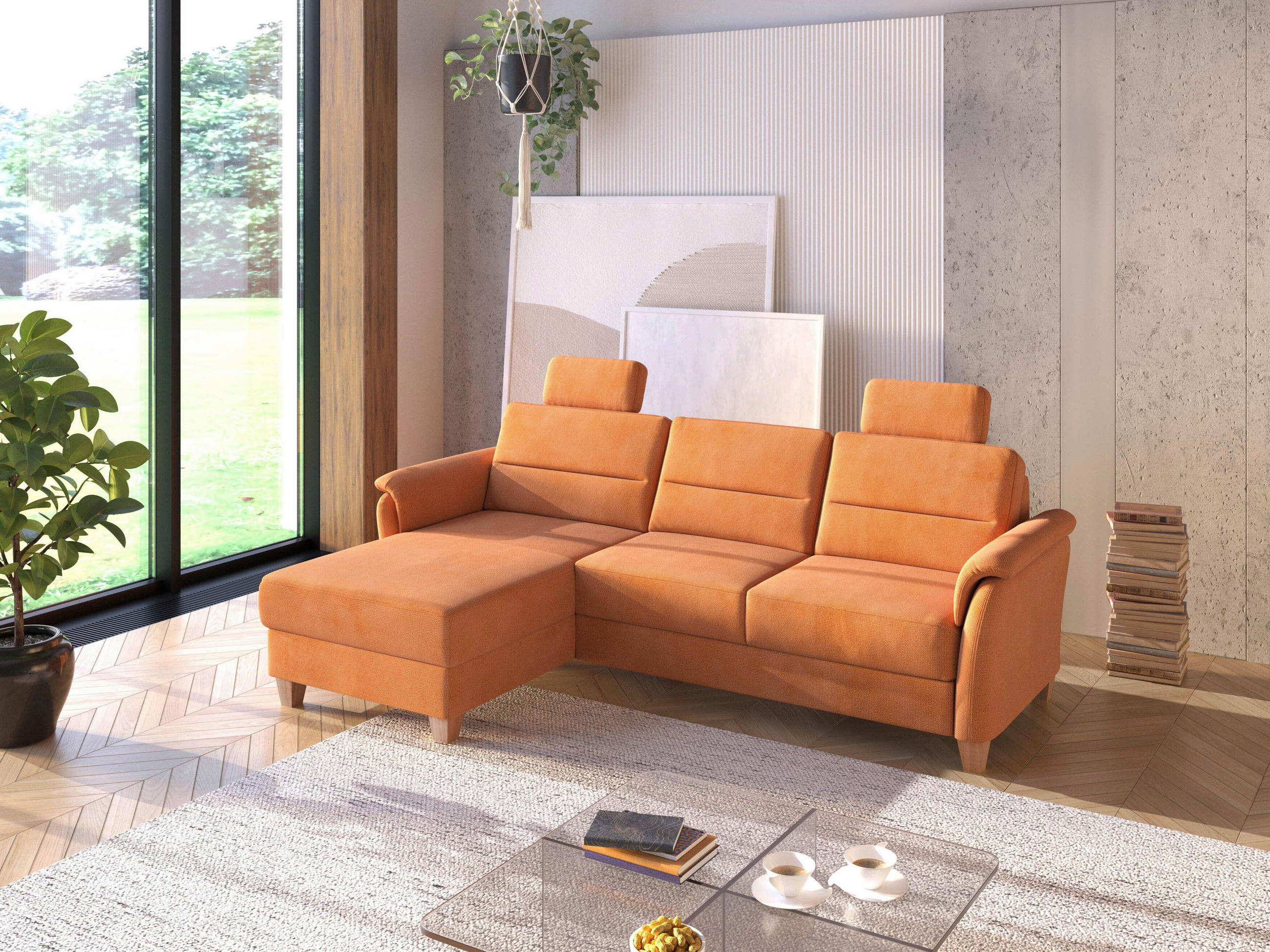 ECKSOFA PALMERA V Terracotta Flachgewebe Kopfstütze, Liegefläche im Originalstoff  - Eichefarben/Terracotta, KONVENTIONELL, Holz/Textil (163/244cm) - Sit & More