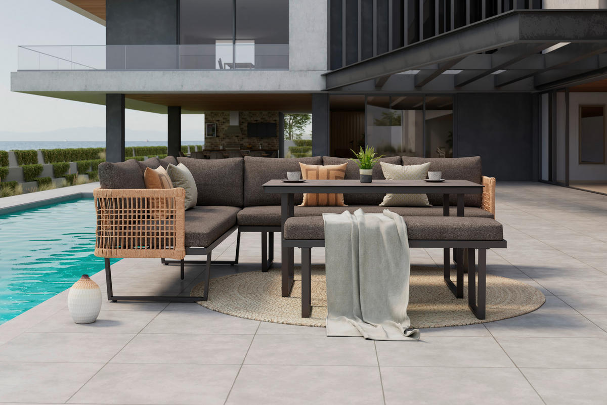 LOUNGEGARNITUR 4-teilig  256/198 cm  Aluminium  - Anthrazit/Braun, MODERN, Glas/Kunststoff (256/198cm) - Beldano