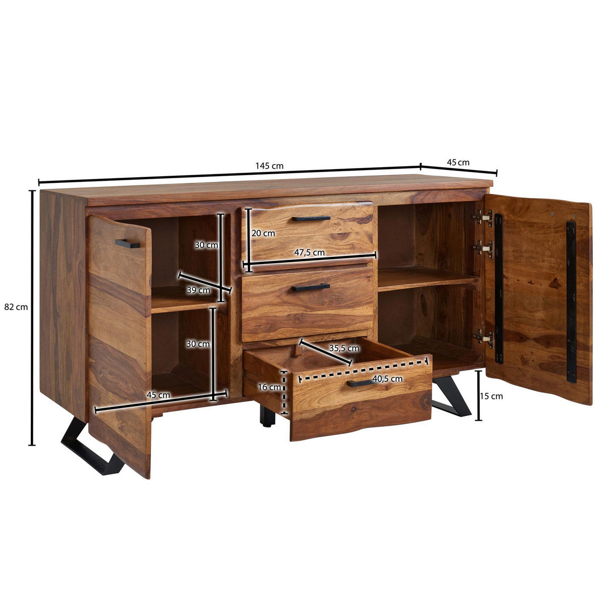 SIDEBOARD  in 145/82/45 cm  - Sheeshamfarben/Schwarz, Design, Holz/Metall (145/82/45cm) - MID.YOU