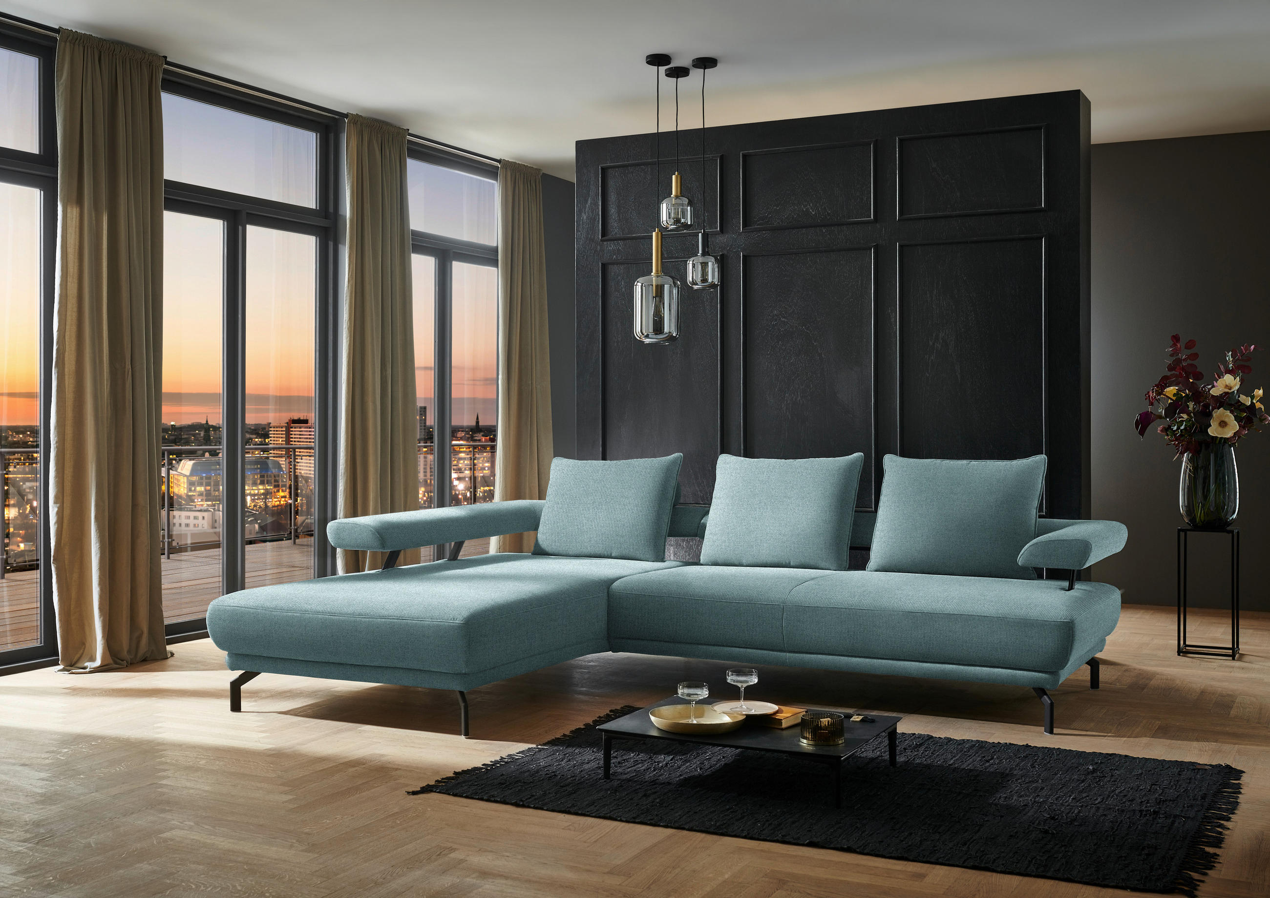 ECKSOFA in Chenille Türkis  224/305 cm  - Türkis/Schwarz, Design, Textil/Metall (224/305cm) - Dieter Knoll