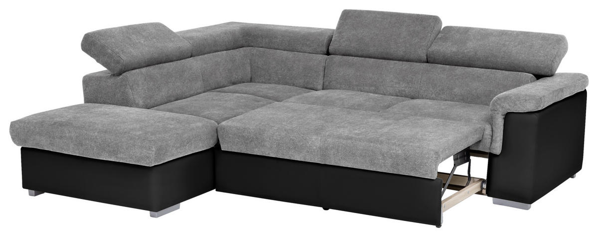 ECKSOFA Grau, Schwarz Lederlook, Flachgewebe  - Schwarz/Grau, Basics, Holz/Textil (217/252cm) - MID.YOU