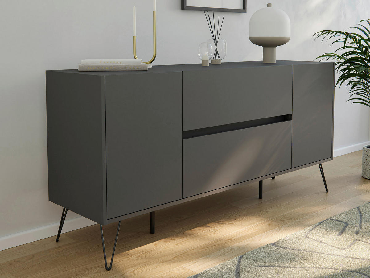 SIDEBOARD Posseik Industrial  in 155/75,8/42 cm  - Graphitfarben/Schwarz, Design, Holzwerkstoff/Metall (155/75,8/42cm) - P & B