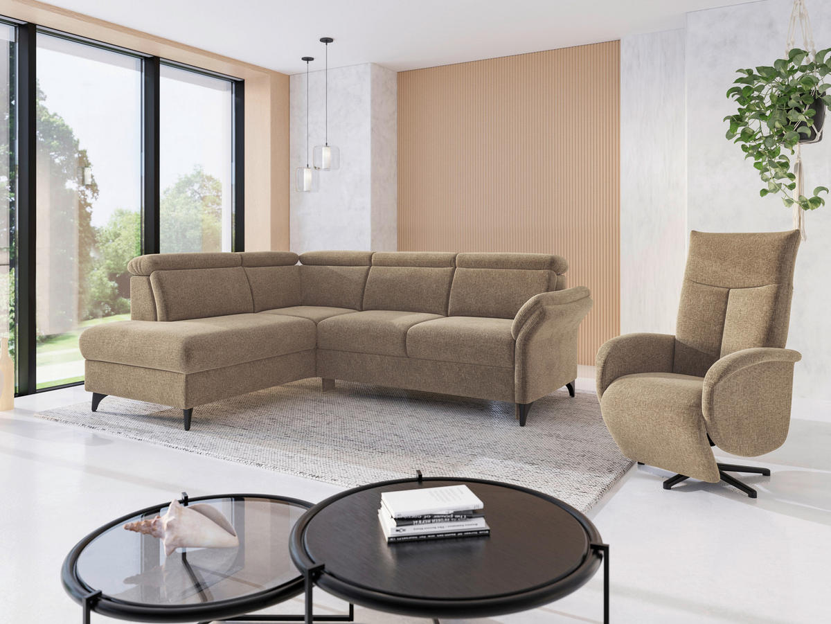 ECKSOFA Flachgewebe Hellbraun  - Hellbraun/Schwarz, Konventionell, Textil/Metall (193/247cm) - Sit & More