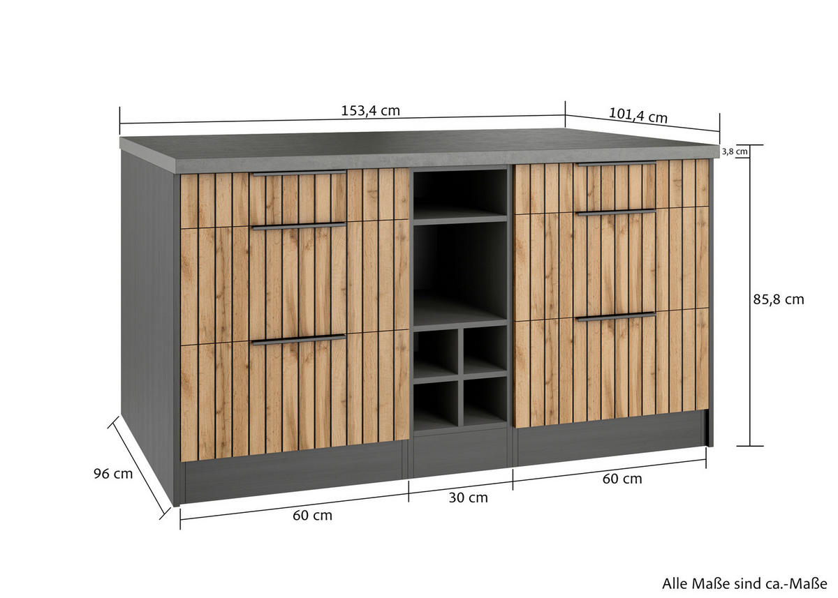 KÜCHENINSEL   in Graphitfarben, Eiche Wotan  - Schieferfarben/Eiche Wotan, Basics, Holzwerkstoff/Metall (153/86/101cm) - Held