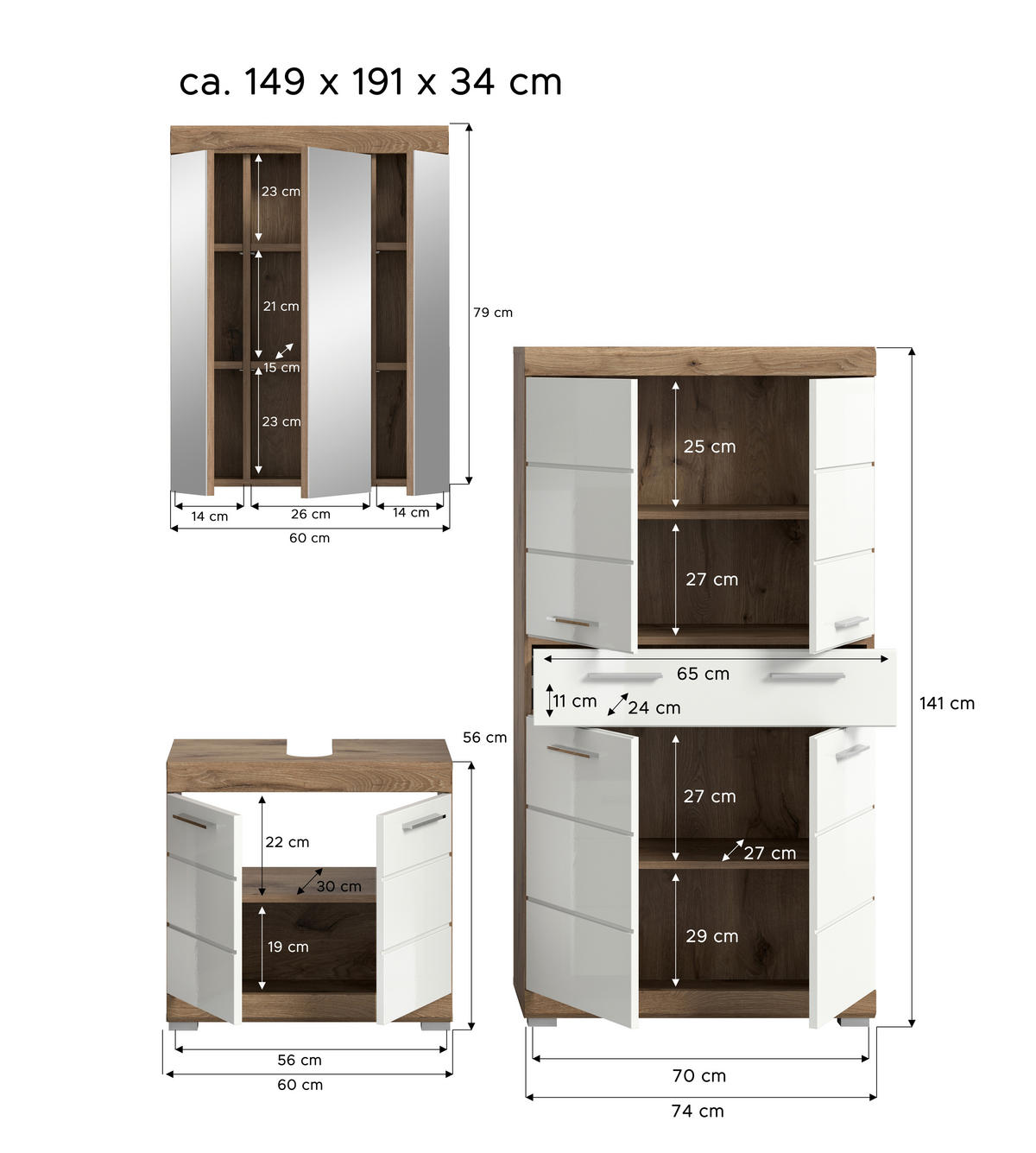 BADEZIMMER 3-teilig  in 134 cm  - Chromfarben/Eichefarben, MODERN, Glas/Holzwerkstoff (134cm) - MID.YOU