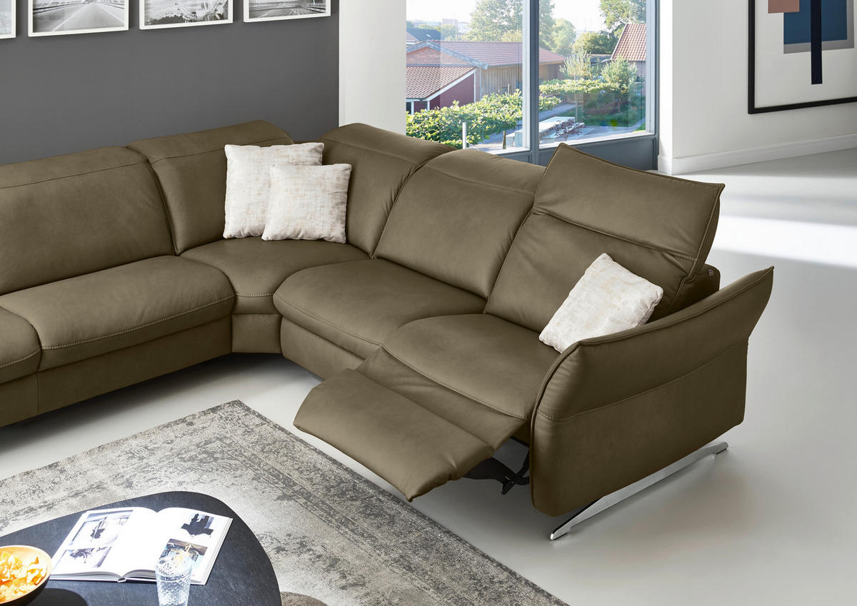 ECKSOFA in Echtleder Mokka  - Edelstahlfarben/Mokka, Design, Leder/Metall (258/292cm) - Hukla