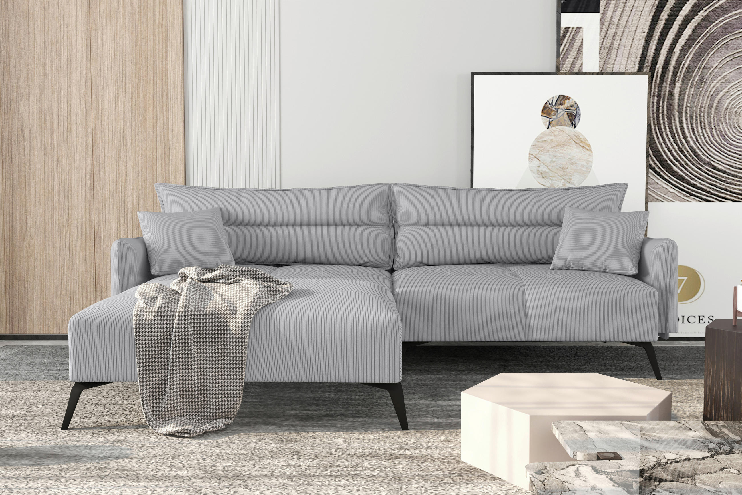 ECKSOFA in Cord Hellgrau  180/253 cm  - Hellgrau/Schwarz, KONVENTIONELL, Textil/Metall (180/253cm) - Carryhome