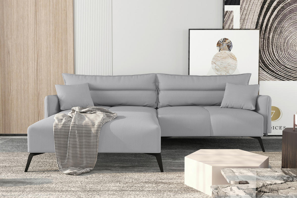 ECKSOFA in Cord Hellgrau  180/253 cm  - Hellgrau/Schwarz, KONVENTIONELL, Textil/Metall (180/253cm) - Carryhome