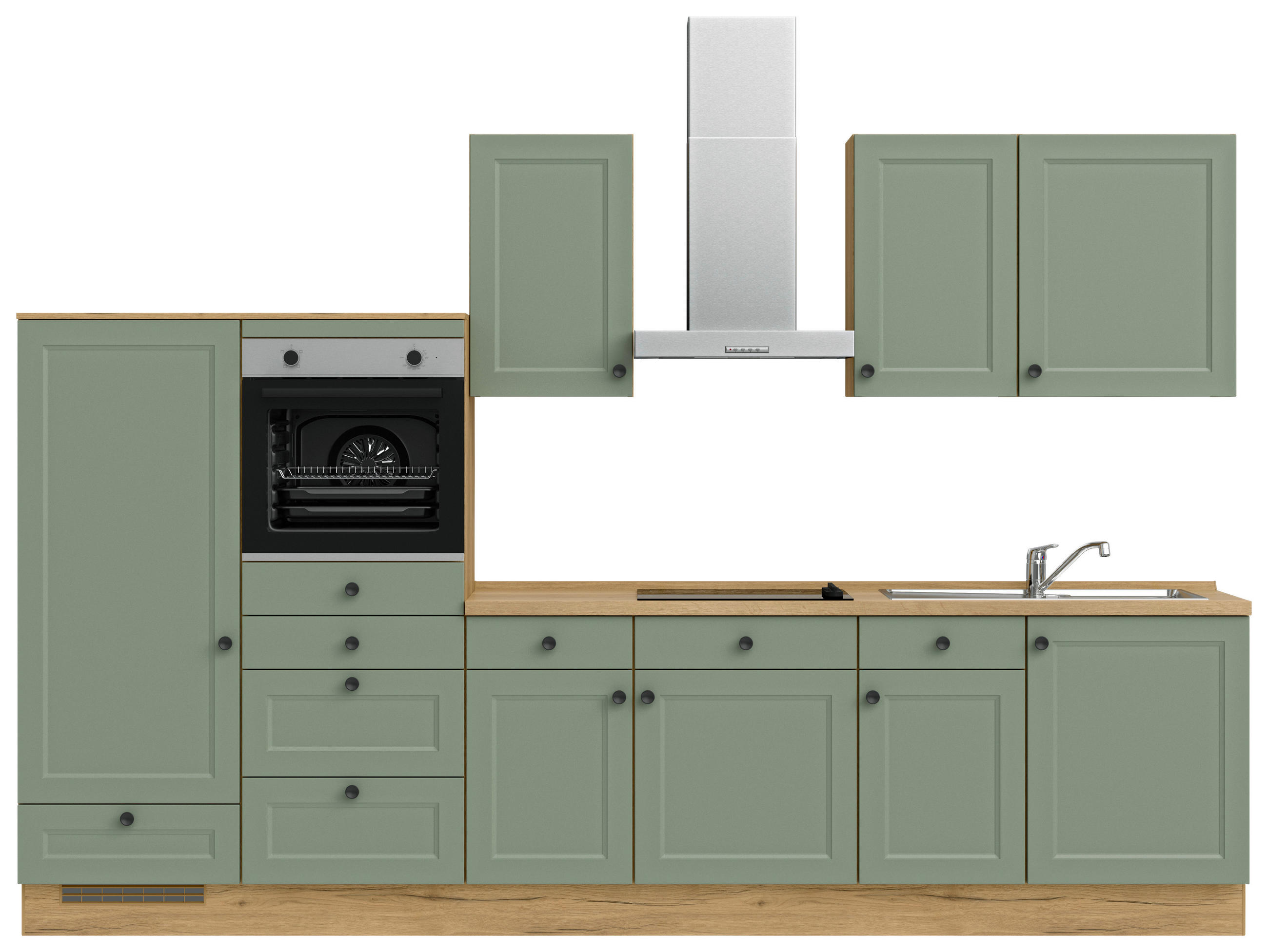 BUCĂTĂRIE FĂRĂ ELECTROCASNICE  - verde/culoare lemn stejar, Modern, metal/material pe bază de lemn (330cm) - Nobilia