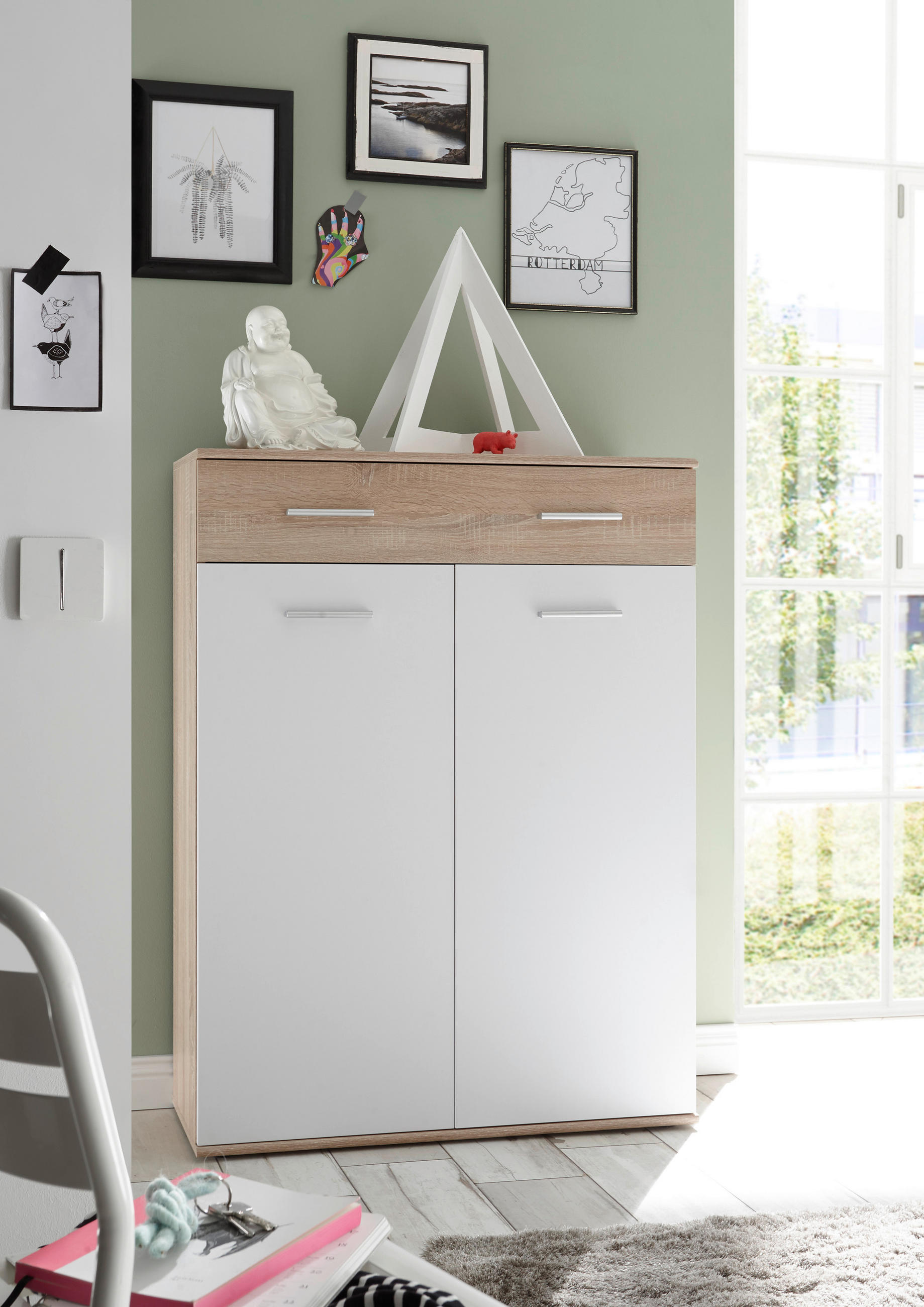 BOTNÍK, bílá, Sonoma dub, 90/120/36 cm - bílá/barvy stříbra, Design, kompozitní dřevo/plast (90/120/36cm) - Carryhome