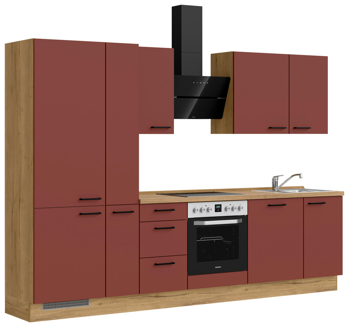 KÜCHENBLOCK Easytouch 300 cm  in Eichefarben, Dunkelrot  - Eichefarben/Schwarz, MODERN, Holzwerkstoff/Metall (300cm) - Nobilia