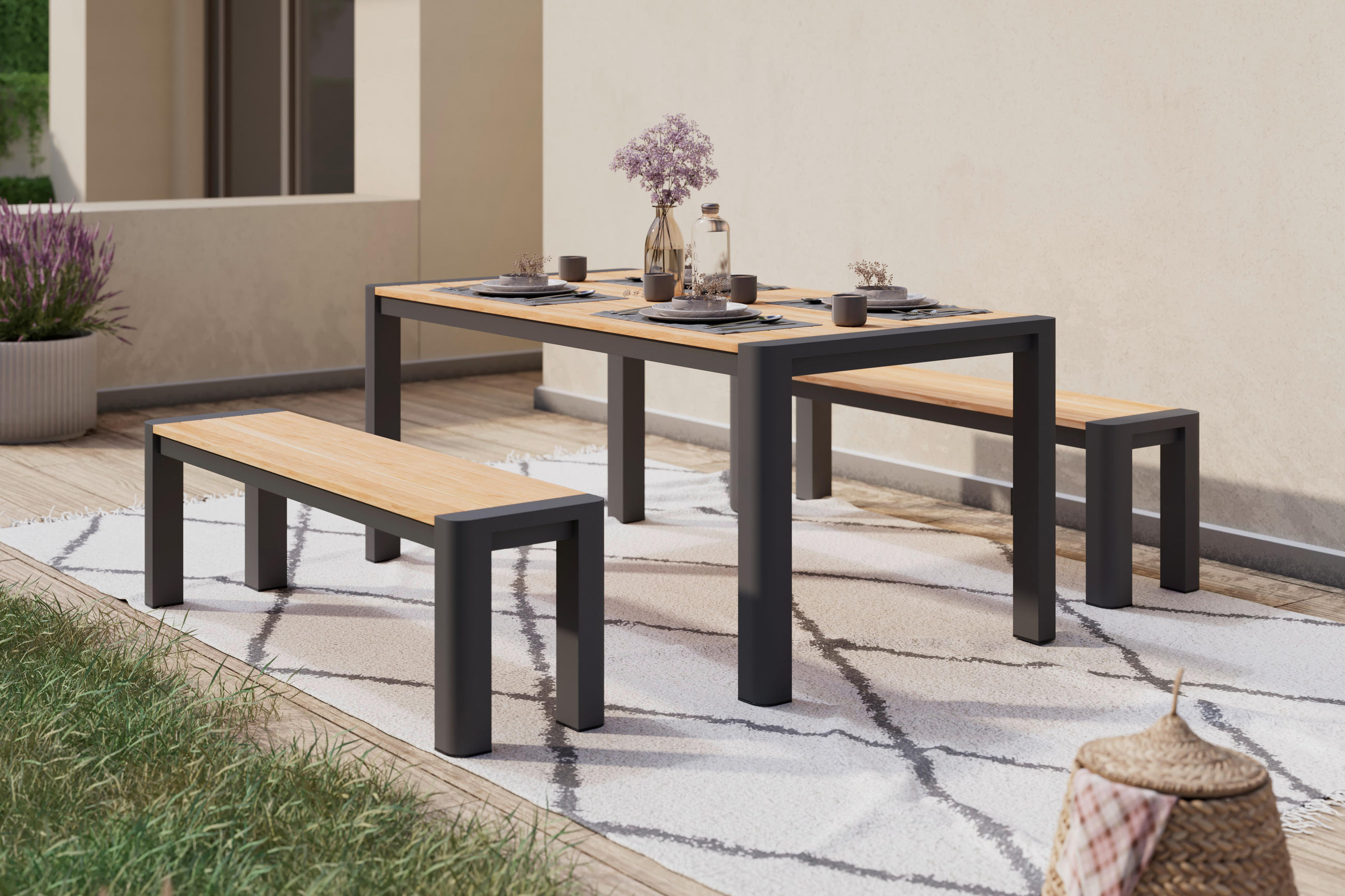 ZAHRADNÍ SESTAVA dřevo, kov - šedá/barvy teak, Moderní, kov/dřevo (170/162/74cm) - Ambia Garden