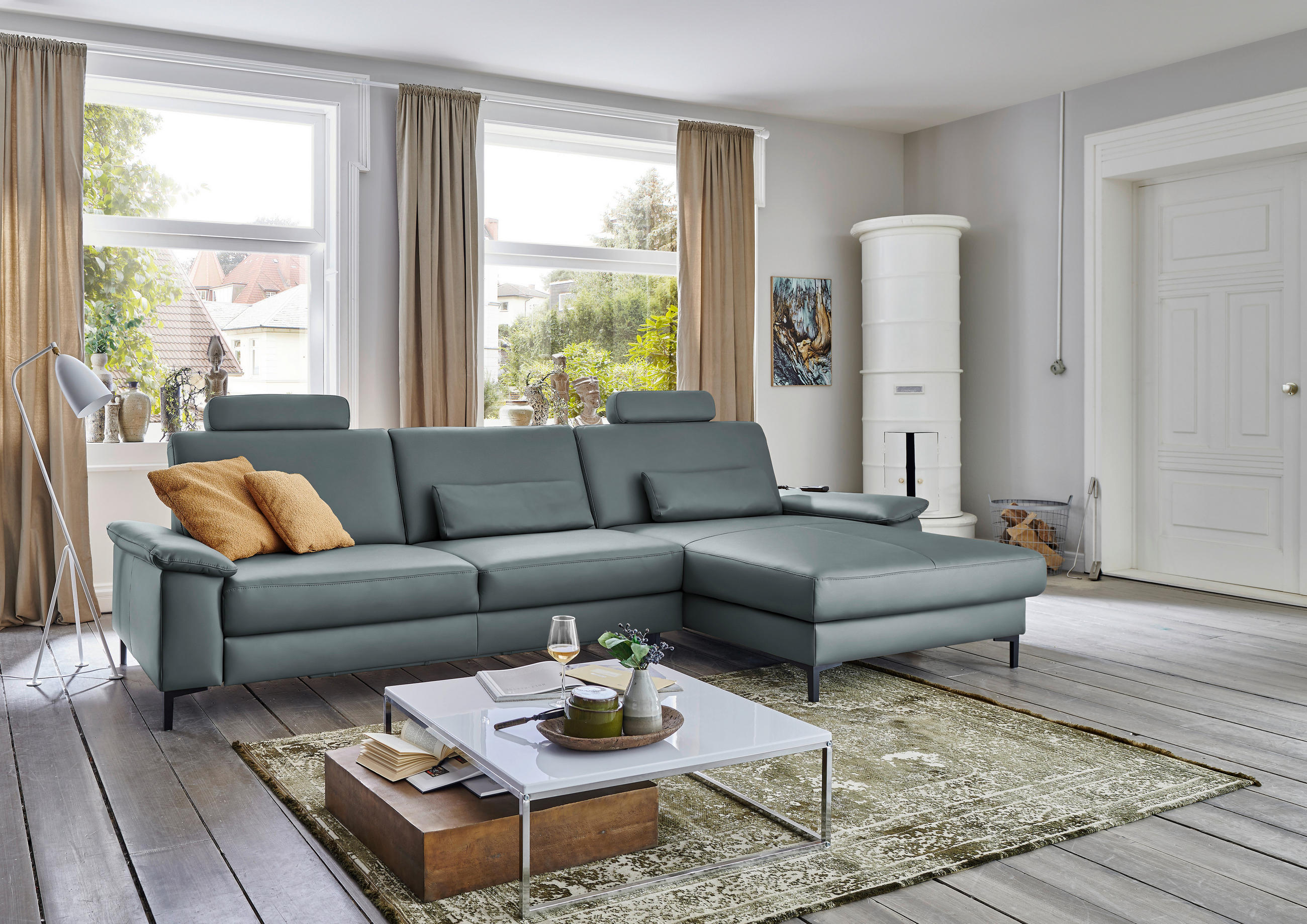 ECKSOFA in Echtleder Blaugrau  - Blaugrau/Schwarz, Design, Leder/Metall (334/176cm) - Dieter Knoll