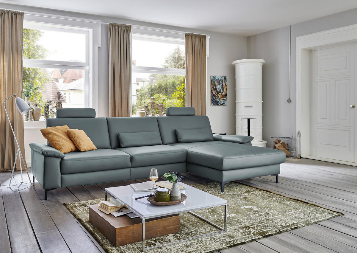 ECKSOFA in Echtleder Blaugrau  - Blaugrau/Schwarz, Design, Leder/Metall (334/176cm) - Dieter Knoll