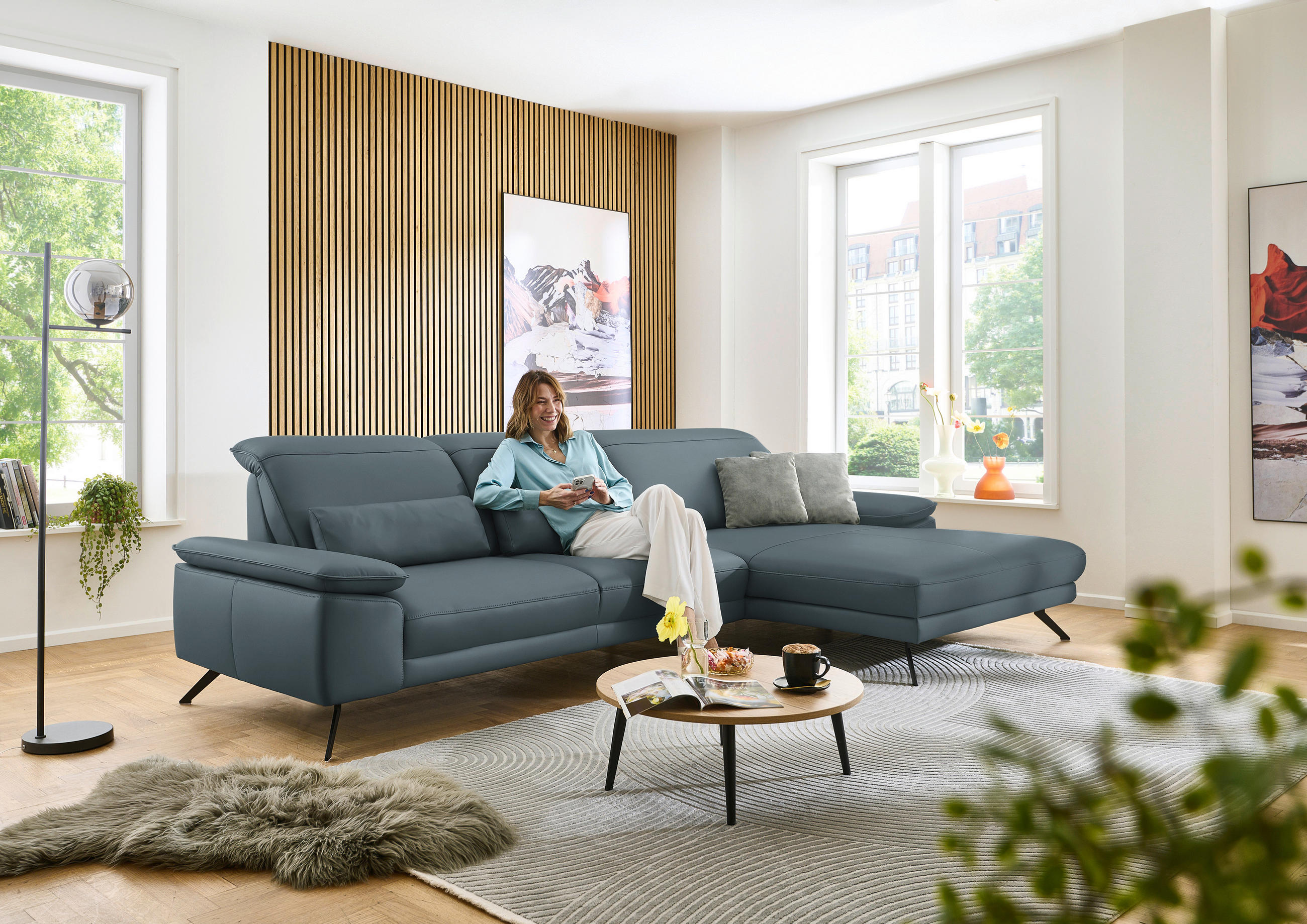 ECKSOFA in Echtleder Grau  - Schwarz/Grau, Design, Leder/Metall (332/193cm) - Dieter Knoll