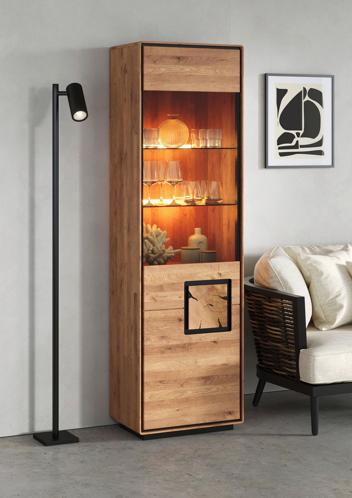 VITRINE  in massiv Wildeiche Schwarz, Wildeiche  - Wildeiche/Schwarz, Basics, Glas/Holz (60/203/40cm) - Livetastic