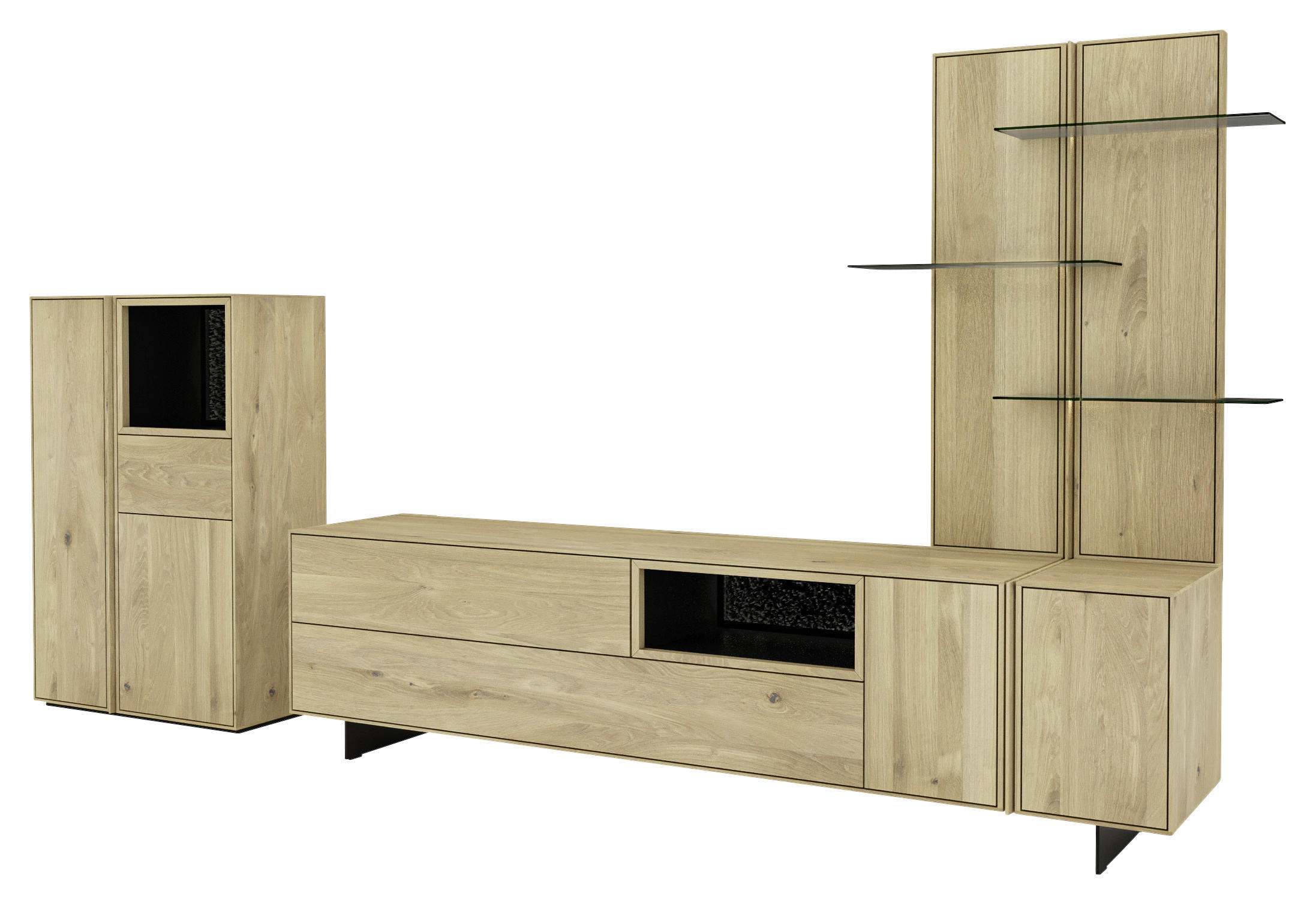 WOHNWAND  in Eichefarben  347/182,8/50 cm  - Eichefarben/Schwarz, Natur, Glas/Leder (347/182,8/50cm) - Cassando