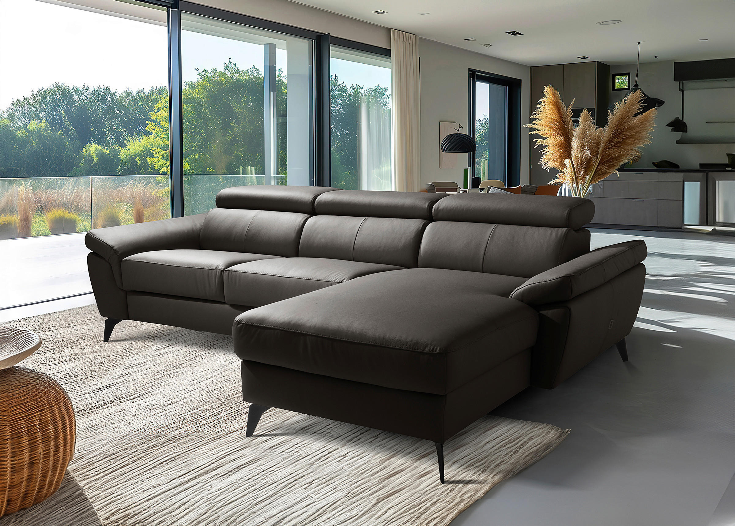 ECKSOFA Dunkelbraun Echtleder Lederlook Bettkasten, Schlaffunktion, Rücken echt, Armteilverstellung, Kopfteilverstellung  - Dunkelbraun/Schwarz, Design, Leder/Textil (252/179cm) - Livetastic