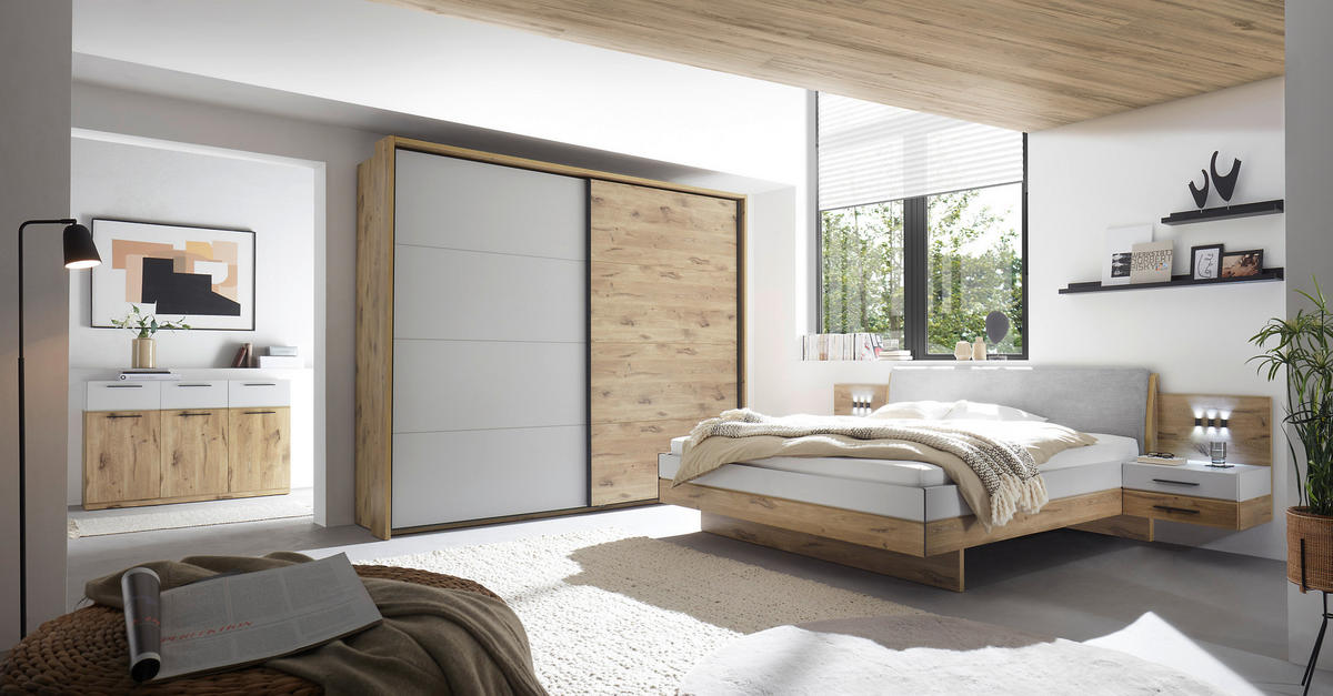SCHWEBETÜRENSCHRANK in Eichefarben, Hellgrau  - Eichefarben/Hellgrau, Modern, Holzwerkstoff/Metall (270/225/60cm) - Venda