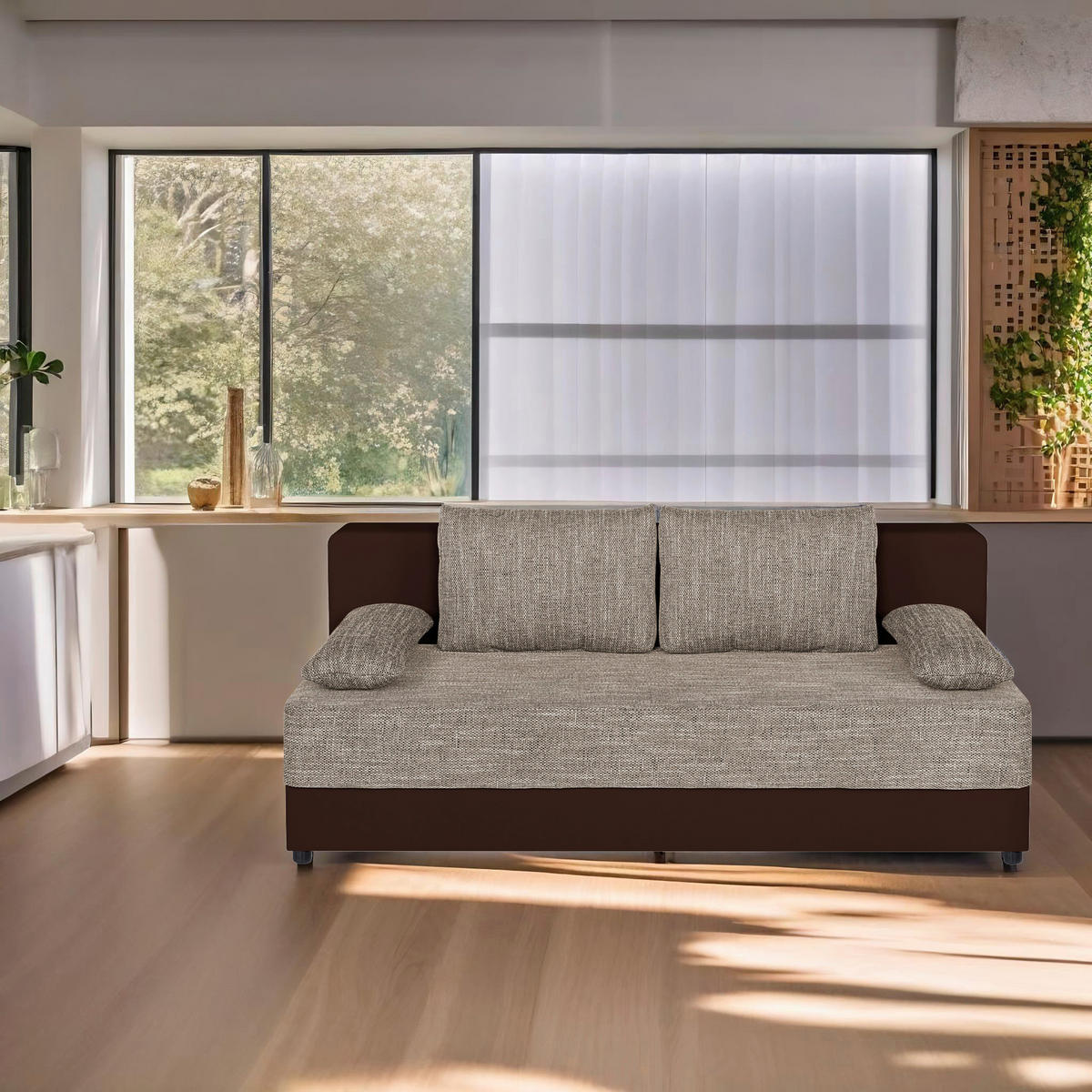 SCHLAFSOFA  mit Schlafen auf Sitzhöhe Lederlook, Webstoff Cappuccino, Mokka  - Schwarz/Mokka, Design, Kunststoff/Textil (200/90/103cm) - P & B