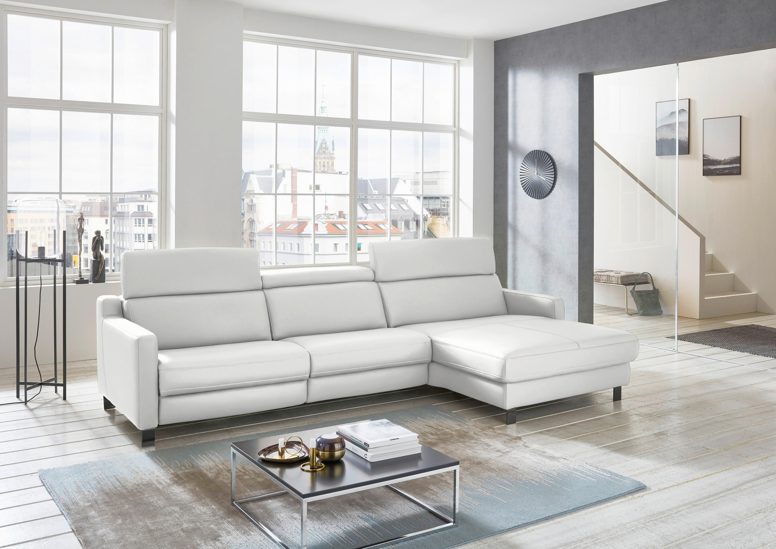 ECKSOFA in Echtleder Hellgrau  - Hellgrau/Schwarz, Design, Leder/Metall (291/176cm) - Valdera