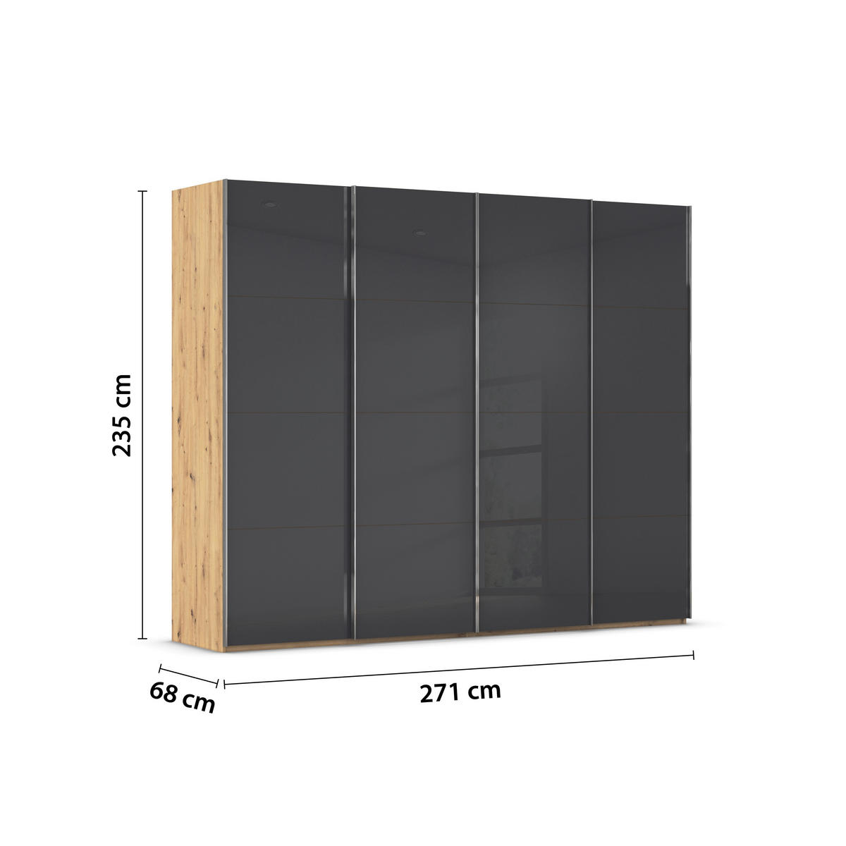 SCHWEBETÜRENSCHRANK 271/235/68 cm 4-türig Schwarz, Eiche Artisan  - Chromfarben/Schwarz, Design, Glas/Holzwerkstoff (271/235/68cm) - Novel
