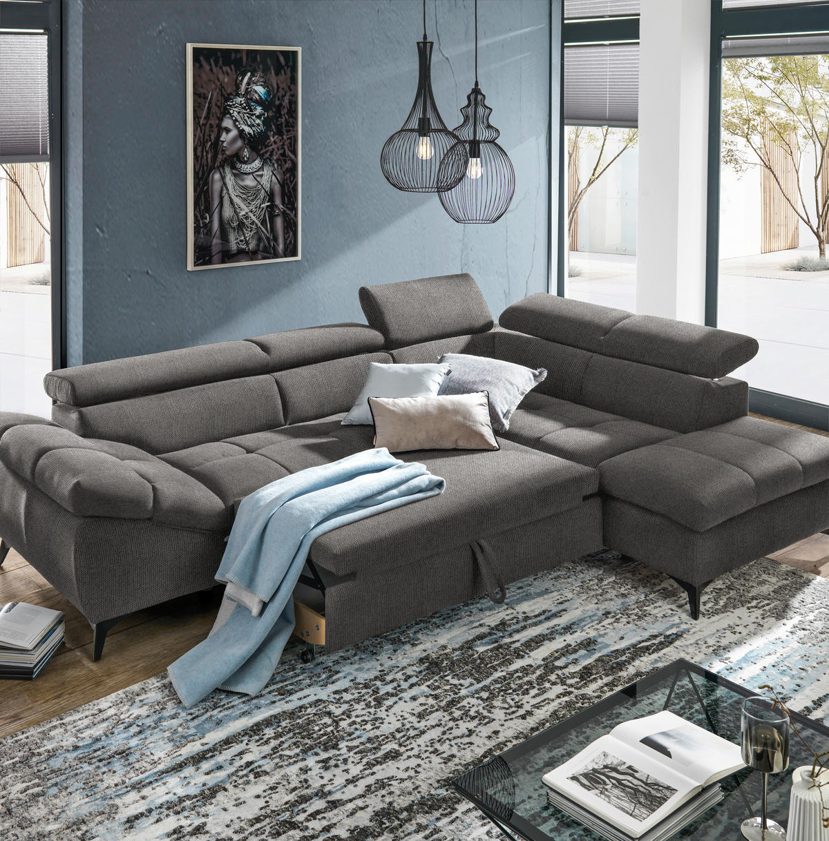 ECKSOFA mit Funkion Grau Mikrofaser  - Schwarz/Grau, Design, Kunststoff/Textil (279/210cm) - Stylife