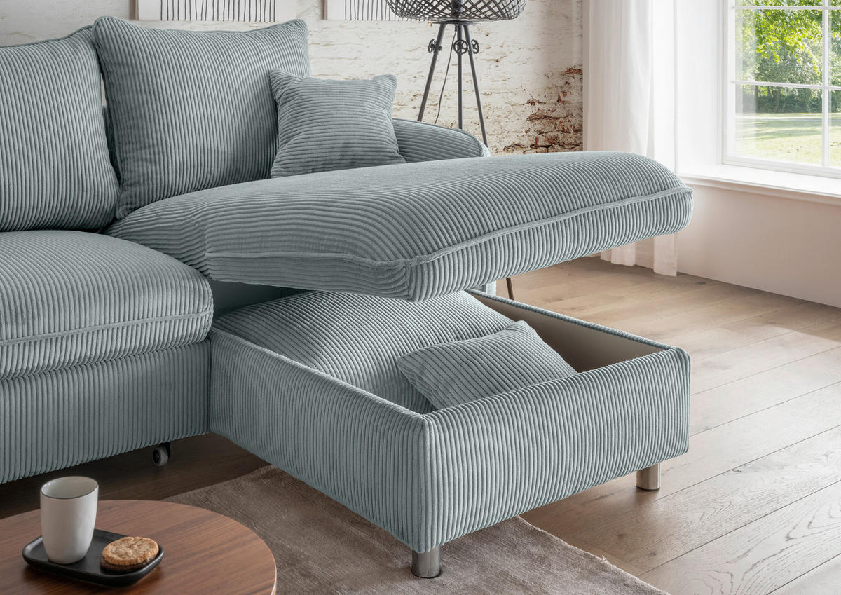 ECKSCHLAFSOFA in Cord Hellblau  - Chromfarben/Hellblau, MODERN, Textil/Metall (254/160cm) - Livetastic