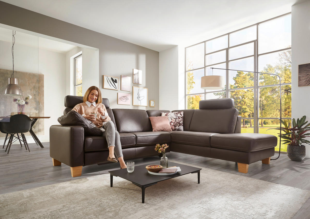 ECKSOFA Echtleder Dunkelbraun  - Eiche Bianco/Dunkelbraun, Natur, Leder/Holz (257/235cm) - Valdera